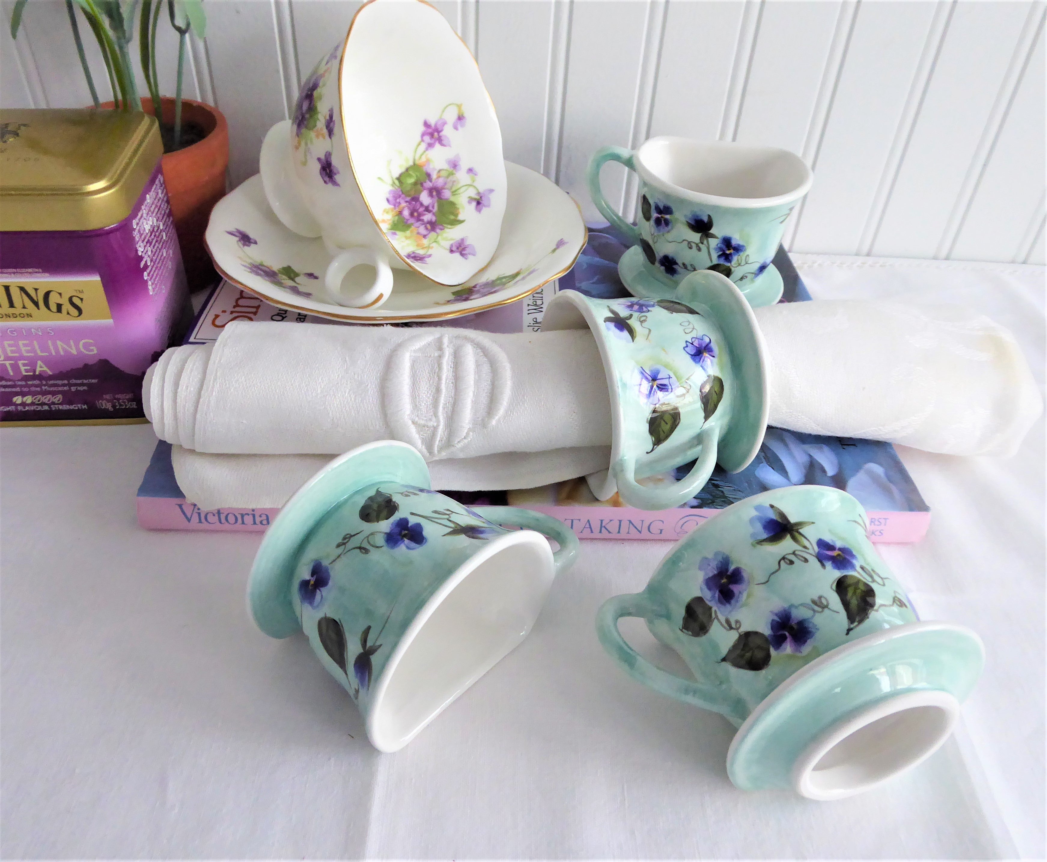 Handpainted Ceramic Teacup Napkin Rings Set of 4 - Violet Floral Design in Egg Blue & Purple - Perfect for Spring Tablescapes, Easter Decor, and Tea Party Table Settings