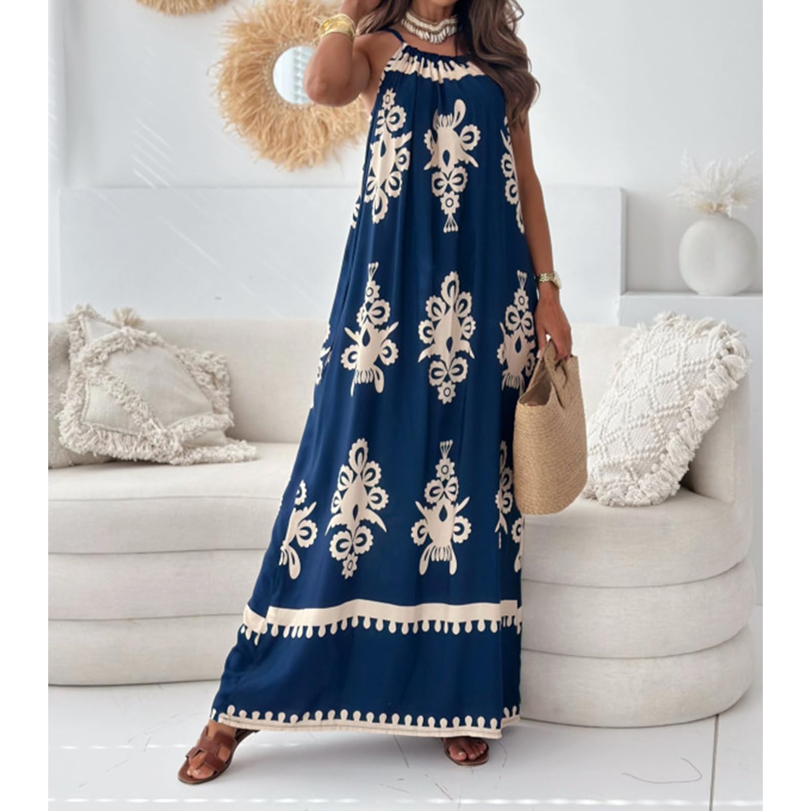 Women's Summer Sleeveless Flowy Dress - Casual Scoop Neck Strap Maxi Dress for Beach, Vacation & Date Night | Sexy Loose Fit Cute Sundress