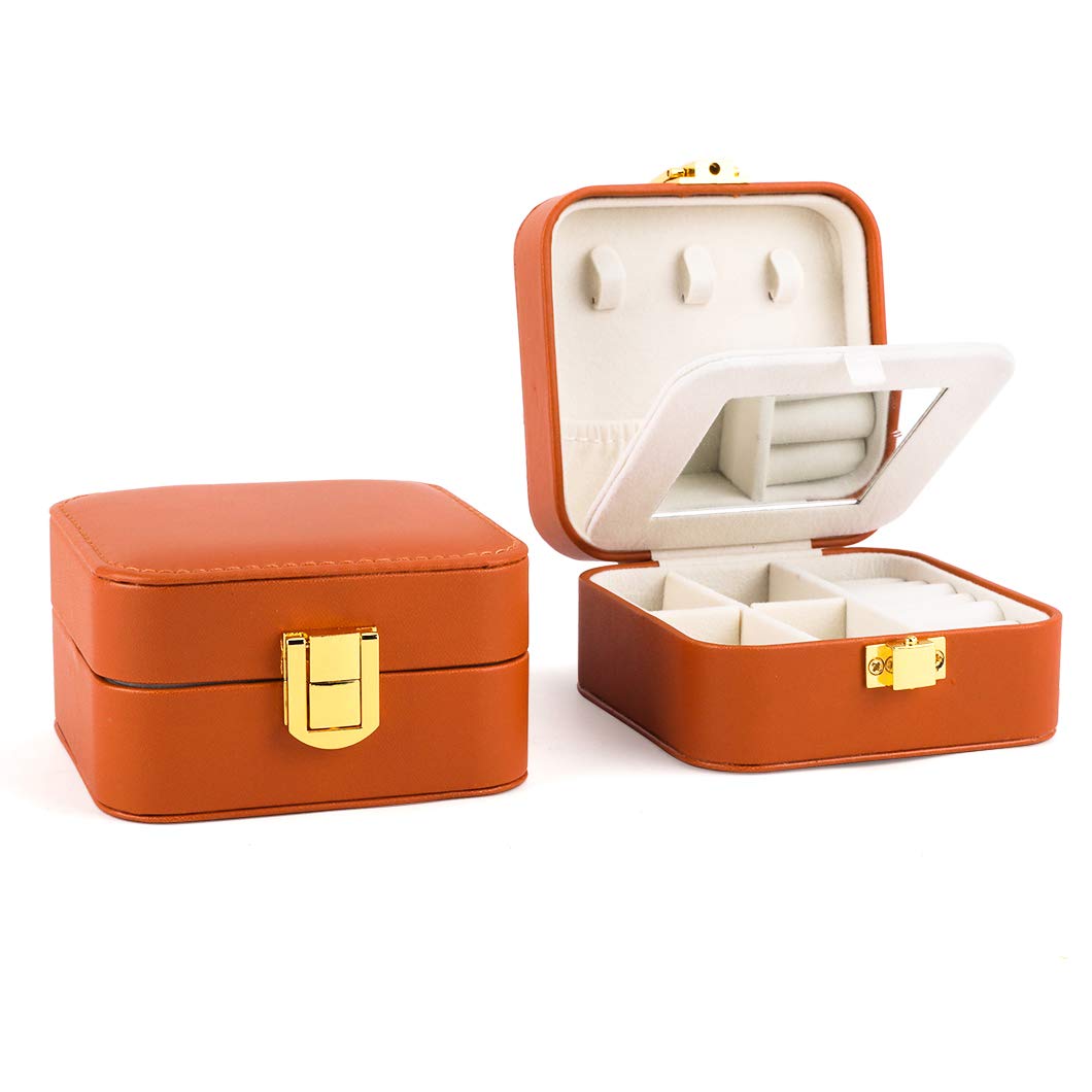 Rolin Roly PU Leather Travel Jewelry Organizer Box - Waterproof Jewelry Storage Case with Mirror for Rings, Necklaces, Bracelets, Earrings & Pendants (Brown) | Perfect for Travel, Home Storage & Gift Giving