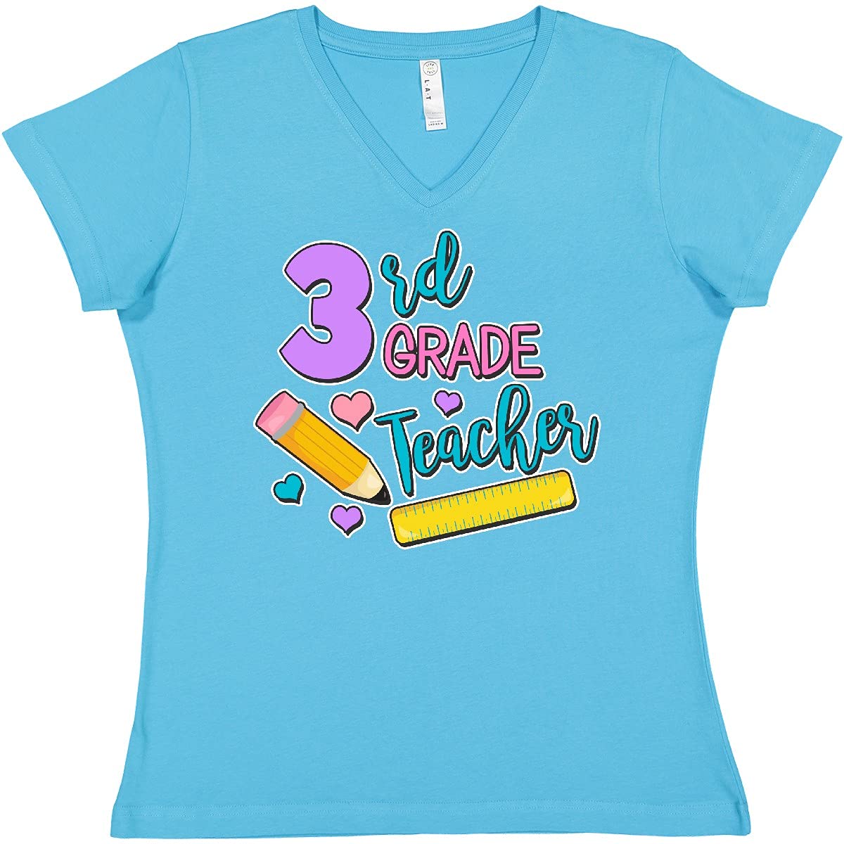 3rd Grade Teacher T-Shirt for Women - V-Neck Graphic Tee with Pencil & Ruler Design | Perfect for Teacher Appreciation, Back to School & Classroom Outfits