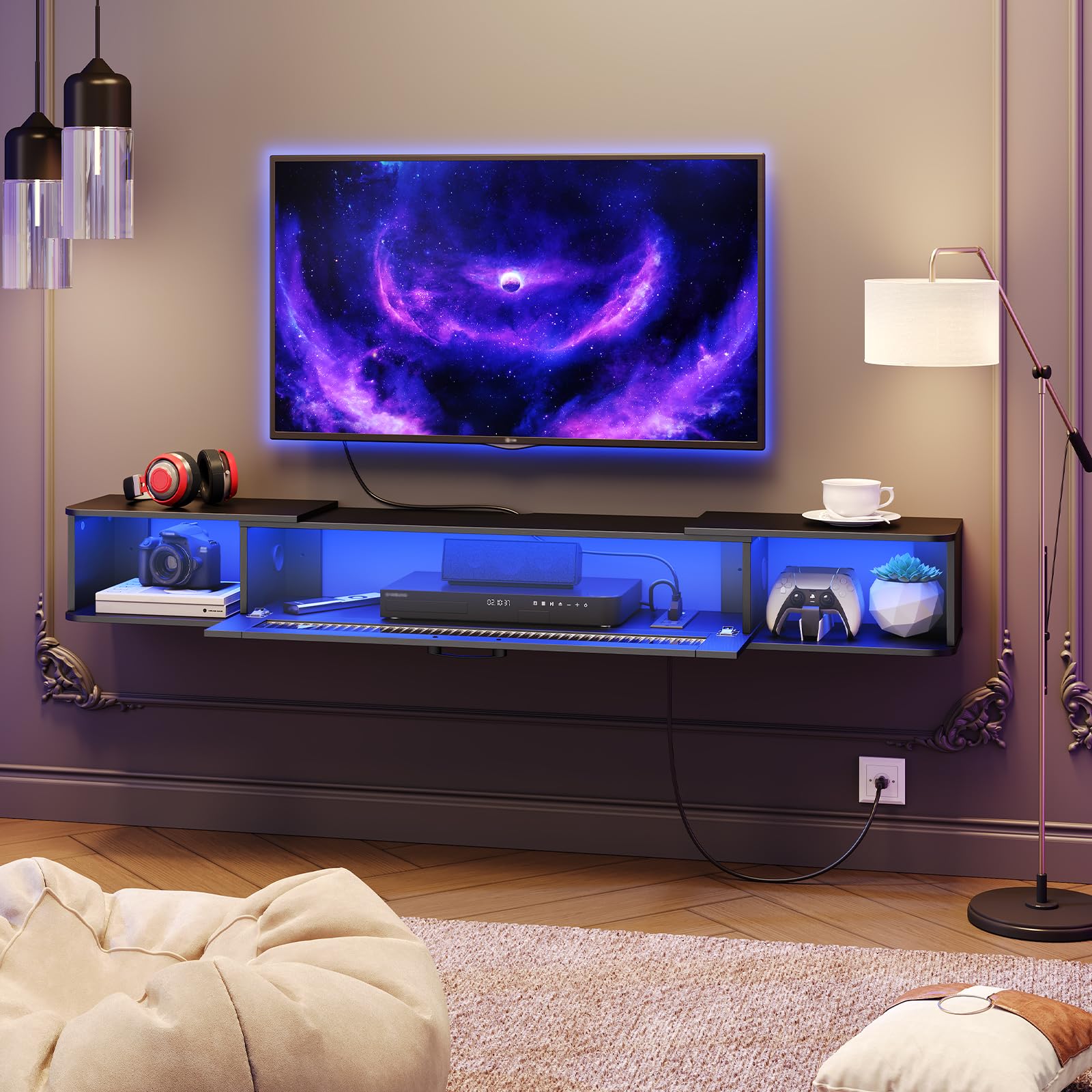HOOBRO Floating TV Stand with LED Lights & Power Outlet for 75