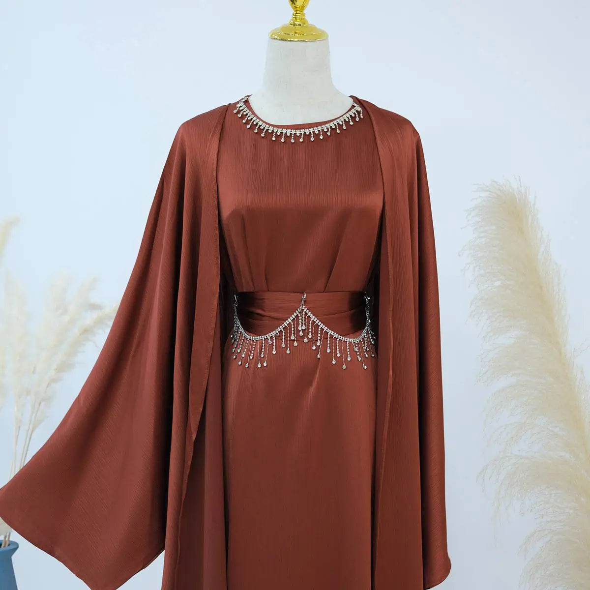 Wrinkle-Free Satin 2-Piece Open Abaya Dress Set #24806 - Elegant Muslim Prayer Dress for Women, Perfect for Special Occasions & Daily Wear