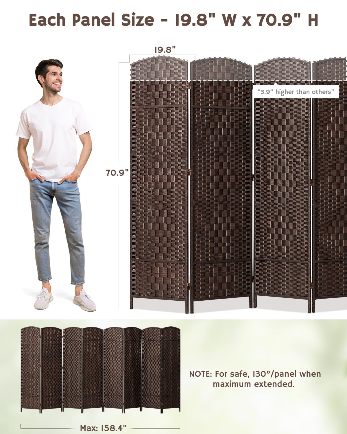 JOSTYLE 6ft Tall Extra Wide Folding Room Divider Privacy Screen - Diamond Double-Weave Freestanding Partition for Home Office, Bedroom & Living Room (Espresso, 8-Panel)