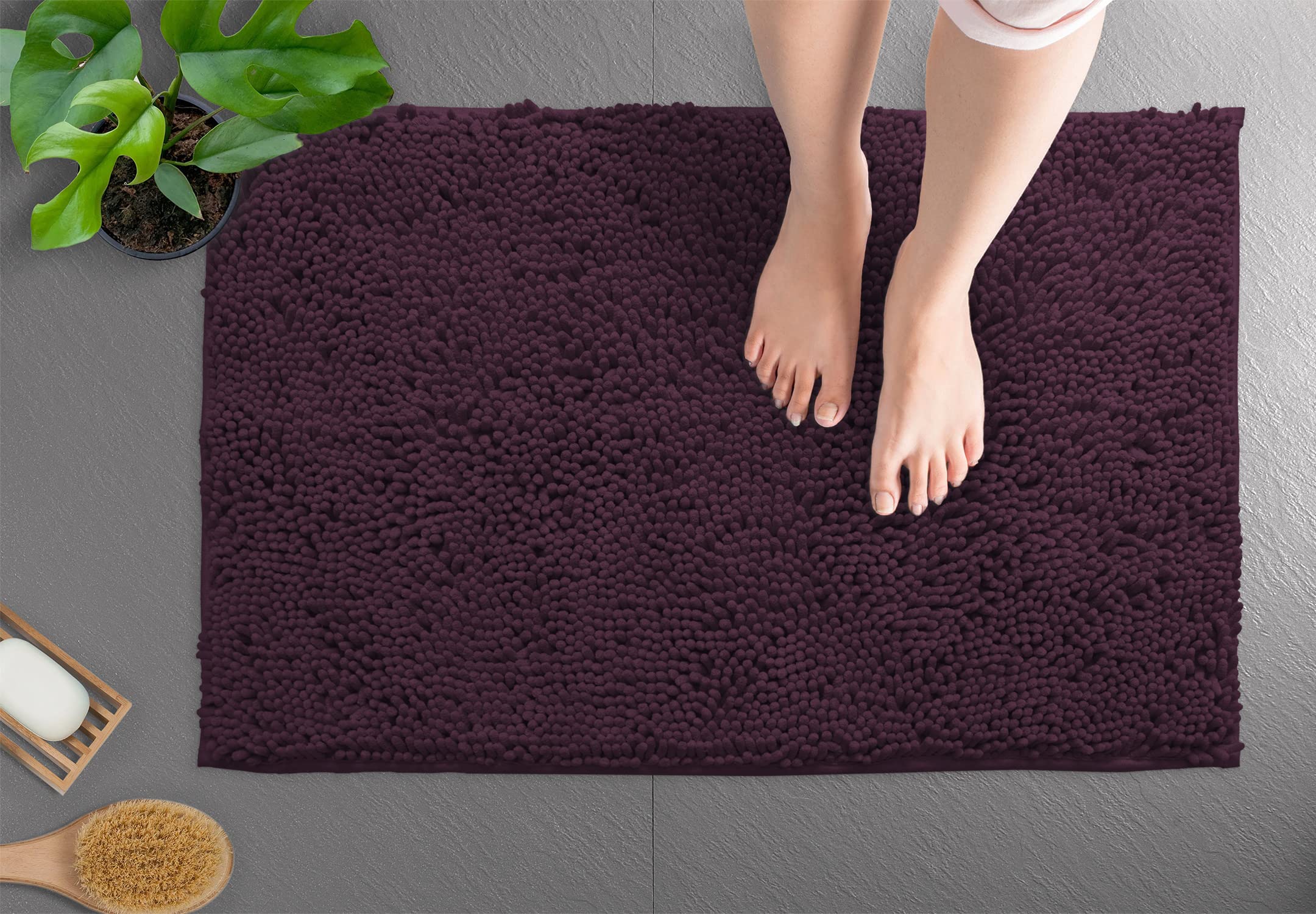 Ultra Soft Chenille Plush Bath Rugs - Non Slip Microfiber Floor Mats for Bathroom, Kitchen, Entryway & Living Room (30x20 Inches, Plum) - Absorbent & Cozy Home Decor for Wet Areas