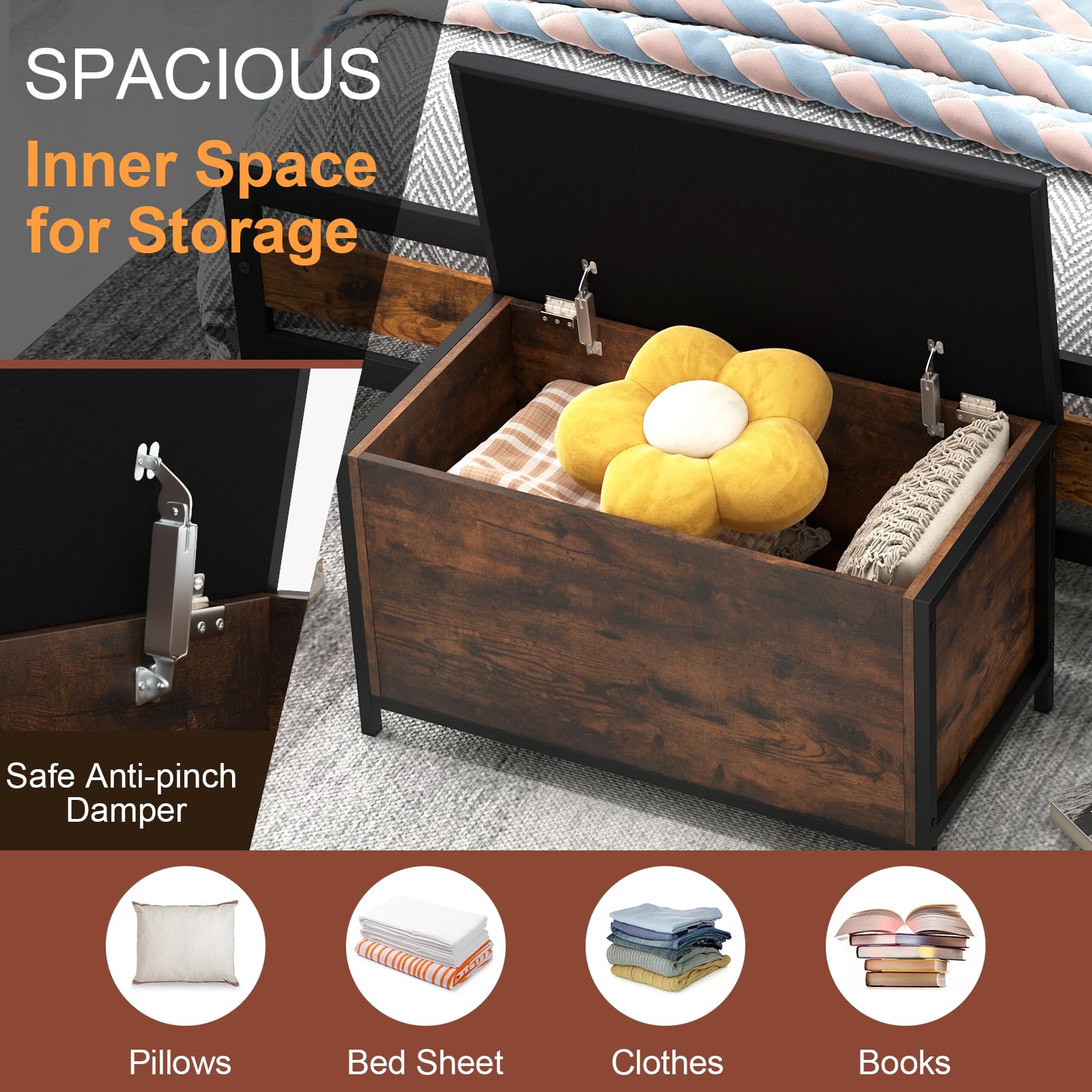 Industrial Style GLACER Entryway Storage Bench with Padded Seat - 32 x 16 x 19.5 Inches - Multi-Functional Storage Chest for Bedroom, Living Room, Hallway - Perfect for Organizing Shoes, Blankets & Home Decor