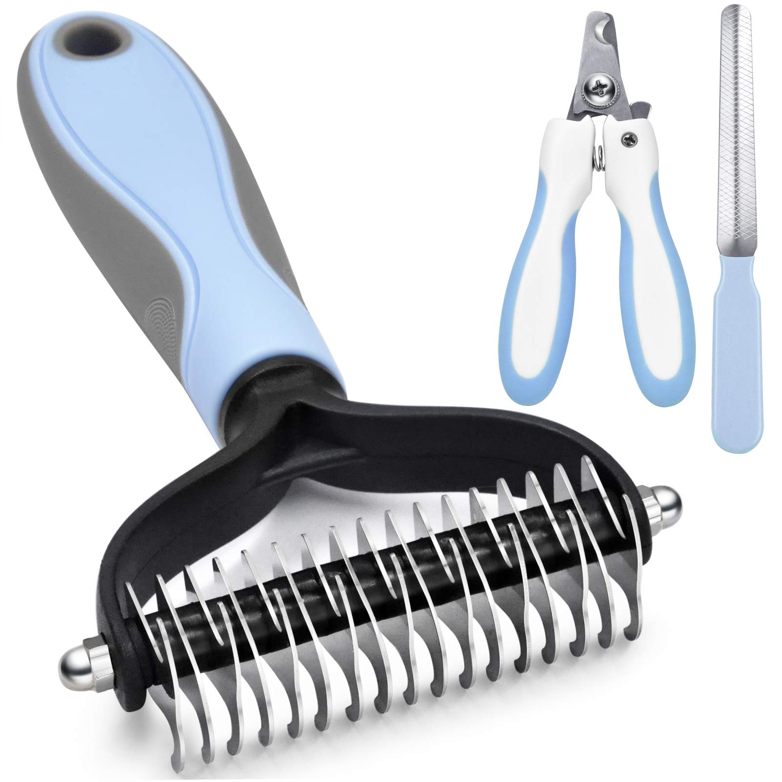 GOESWELL Pet Deshedding Brush for Dogs & Cats - Double Sided Undercoat Rake & Dematting Comb - Grooming Tool Kit with Nail Clippers & File (3 Pack, Blue) - Perfect for Shedding Control & Coat Maintenance at Home