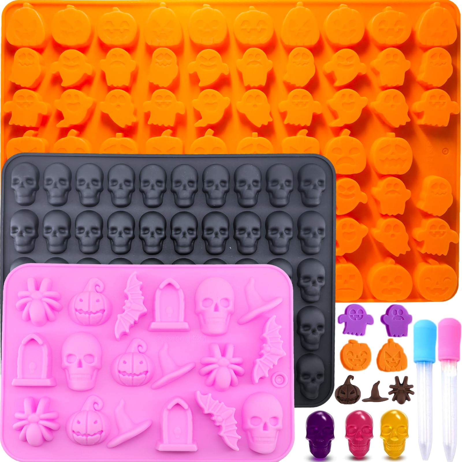 3 Pack Halloween Candy Silicone Molds - 145 Cavity Mini Pumpkin, Ghost, Skull & Spider Witch Hat Chocolate Molds with 2 Droppers | Perfect for DIY Gummy, Chocolate & Candy Making at Home, Parties & Halloween Treats