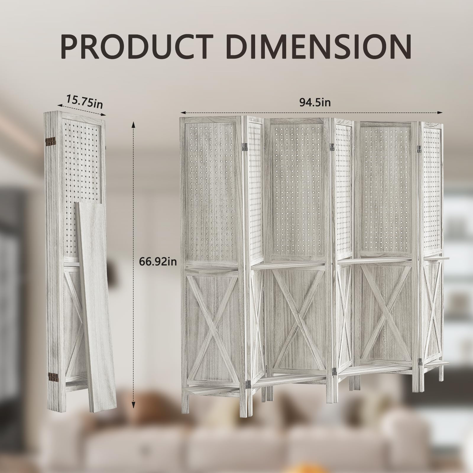 6 Panel Wood Room Divider with Shelves - Foldable Privacy Screen & Pegboard Display - Portable Partition Wall for Home, Office, Store (Off White) - Perfect for Space Division, Room Organization & Retail Displays
