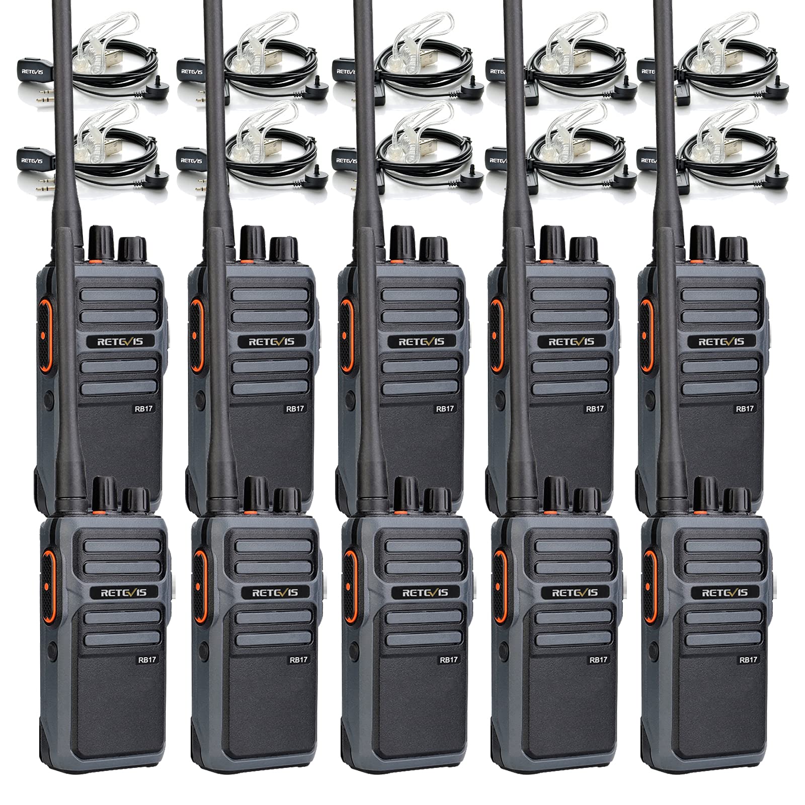 Retevis RB17 4400mAh Long Range Rechargeable Walkie Talkies (10 Pack) - Heavy Duty Two Way Radios with Earpiece, Mic & USB-C Charging - VOX Handsfree, Emergency Alarm - Ideal for School, Construction, Farm & Outdoor Adventures
