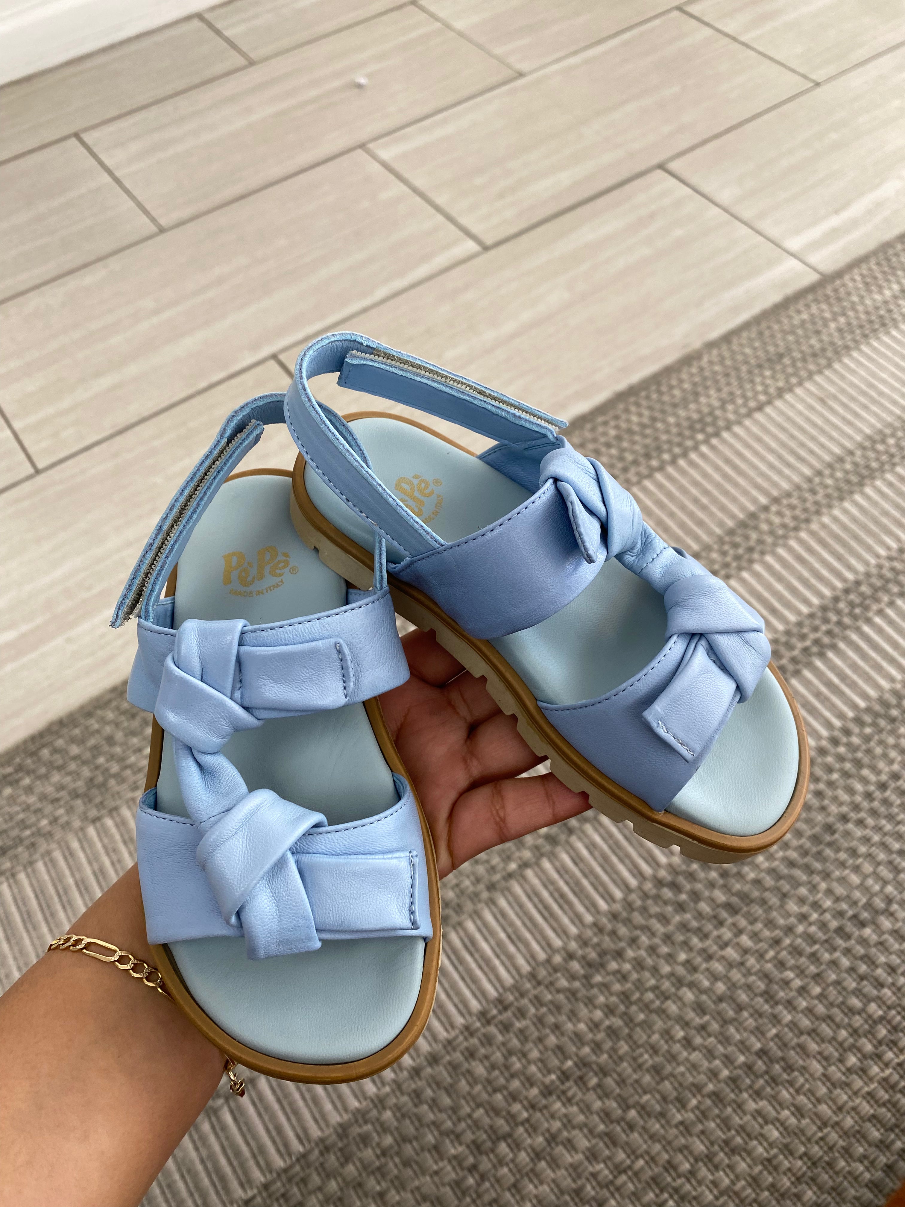 Pepe Sky Blue Leather Bow Sandals for Women - Comfortable Summer Casual Shoes - Perfect for Beach, Vacation, and Outdoor Activities