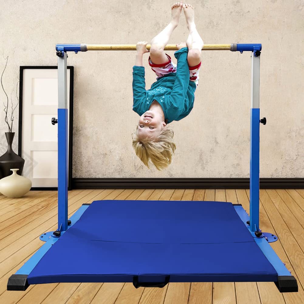 Adjustable Gymnastics Kip Bar with Mat for Home & Indoor Training - Kids Horizontal Bar for Girls & Juniors (3'-5' Height, 300lb Capacity) - Perfect for Home Gyms, Backyard Practice & Youth Training