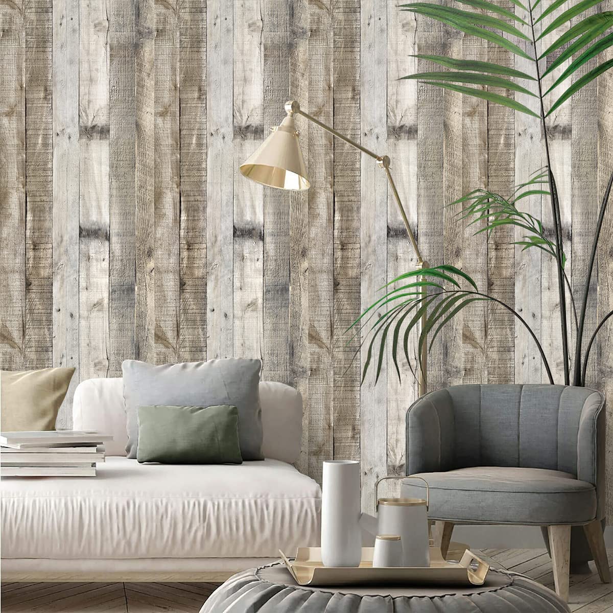 Livebor Light Gray Wood Contact Paper - Peel and Stick Wallpaper 17.7”x 196.8” - Self Adhesive Shiplap Wood Plank Wallpaper for Kitchen Backsplash, Furniture Makeover, Shelves & DIY Home Decor