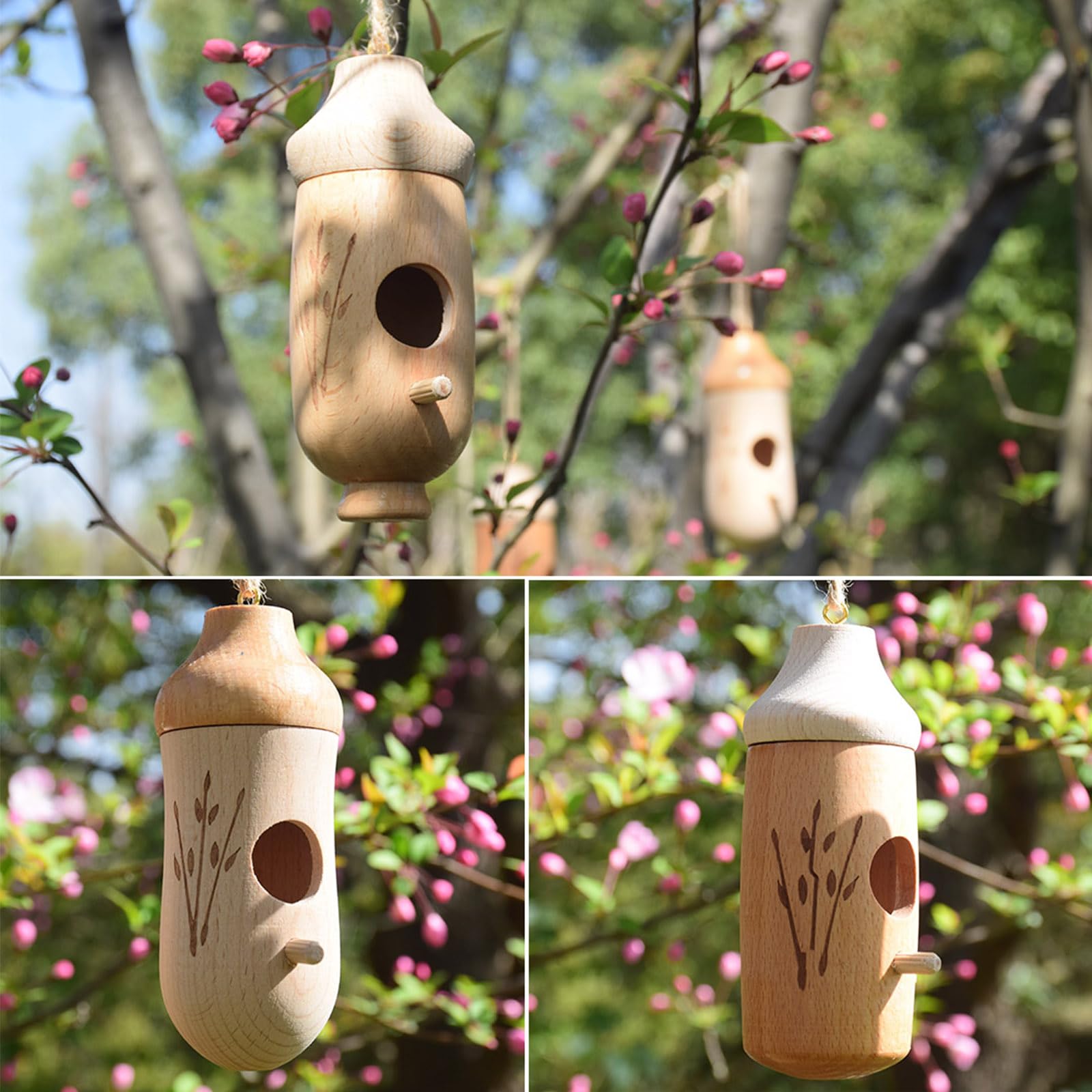 Natural Wooden Hummingbird Houses - 3 Pack Outdoor Hanging Birdhouses for Garden, Yard Decor & Unique Gardening Gifts | Attract Hummingbirds to Your Backyard or Patio
