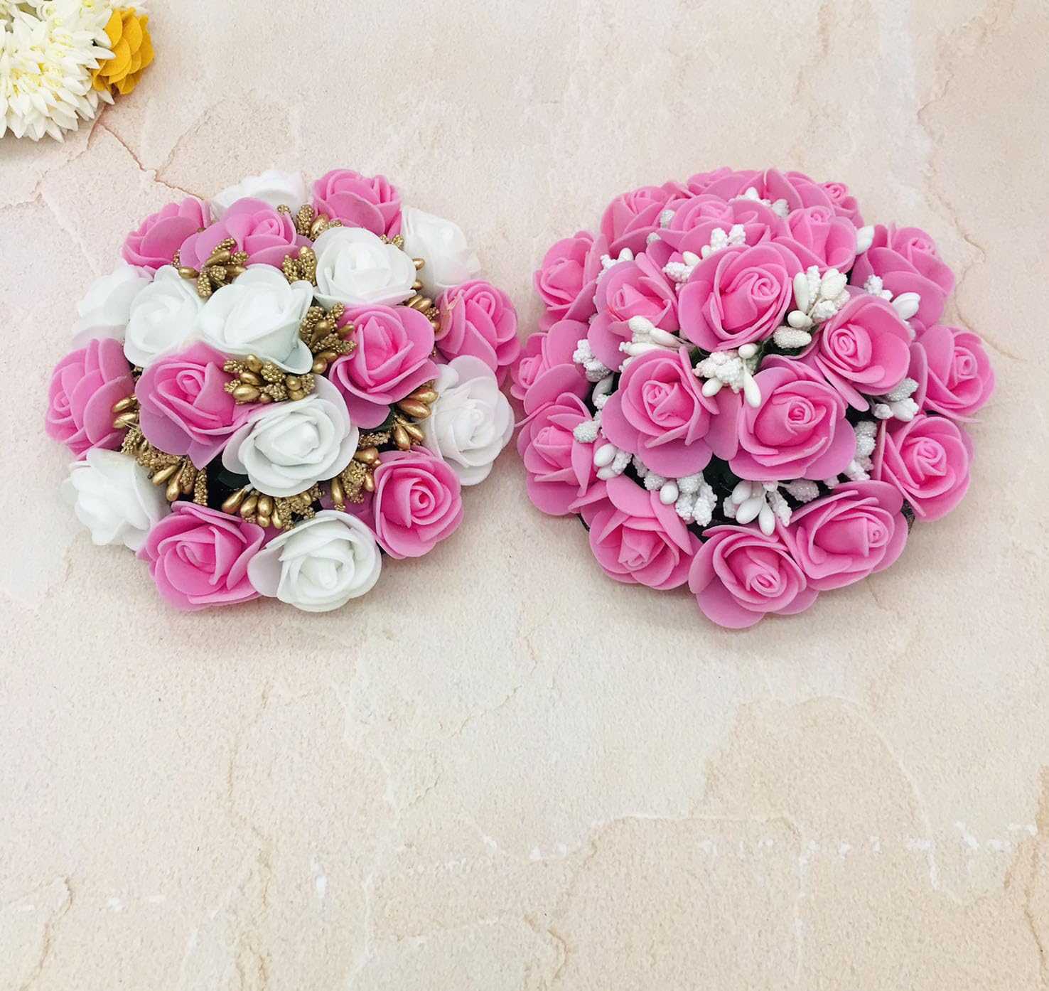 Gadinfashion™ Bridal Artificial Flower Hair Juda Gajra - 2 Pack Pink & White Floral Bun Hair Accessories for Women & Girls - Perfect for Weddings, Parties & Special Occasions
