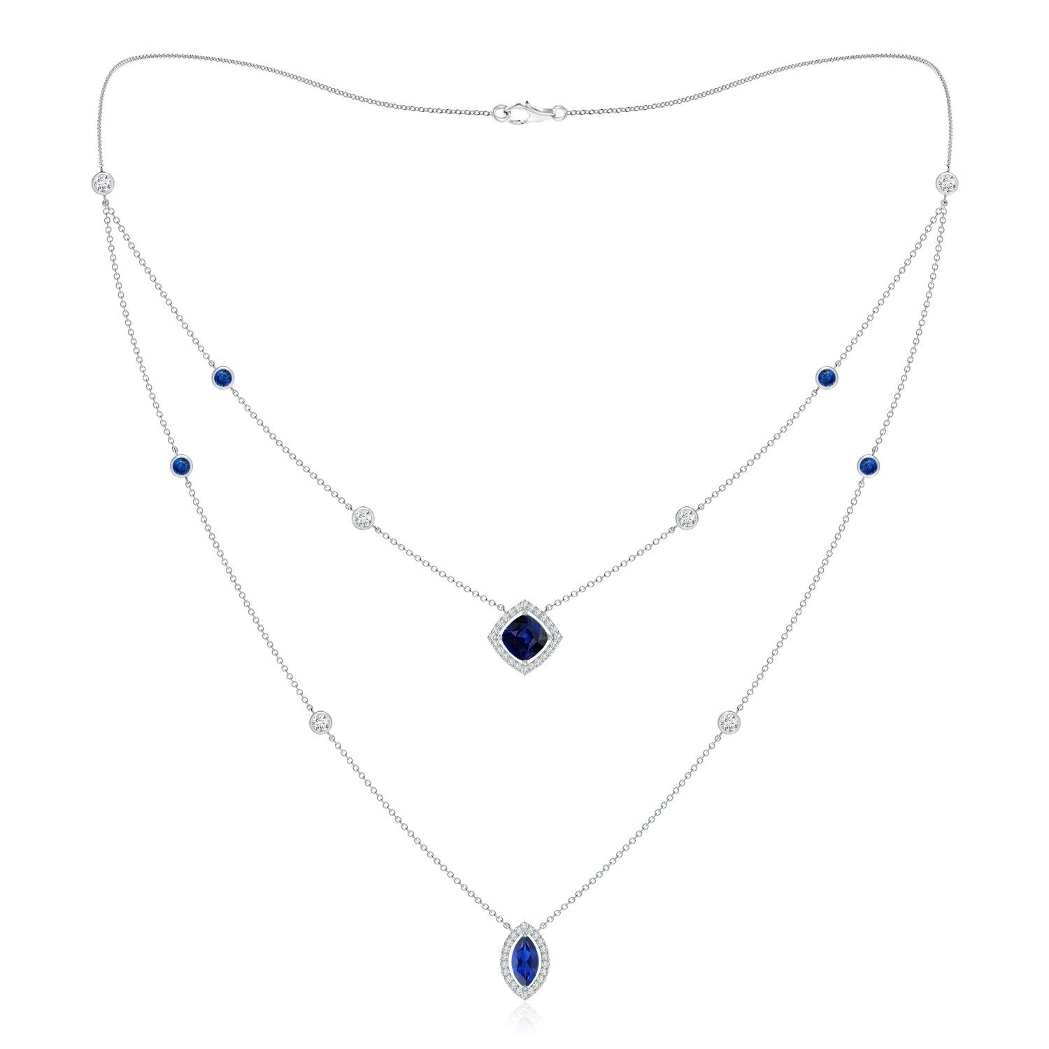 2.6 CT Cushion & Marquise Cut Sapphire Halo Layered Necklace - Elegant Jewelry for Women, Perfect for Weddings, Anniversaries & Special Occasions