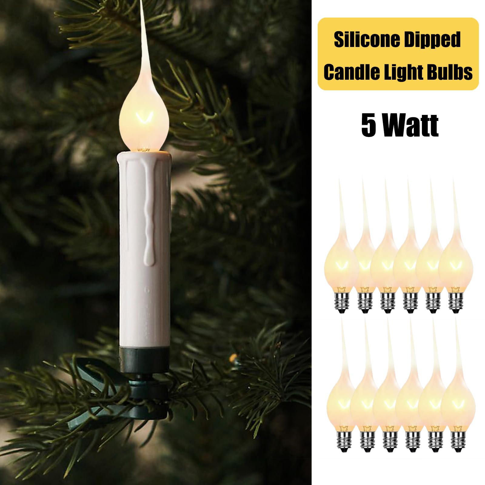 SUNSGNE 12-Pack 5W Clear Silicone Dipped Candle Night Light Bulbs - C7/E12 Candelabra Base for Christmas Decor, Chandeliers & Window Candles - Safe & Decorative Holiday Lighting for Home, Party & Festive Atmosphere