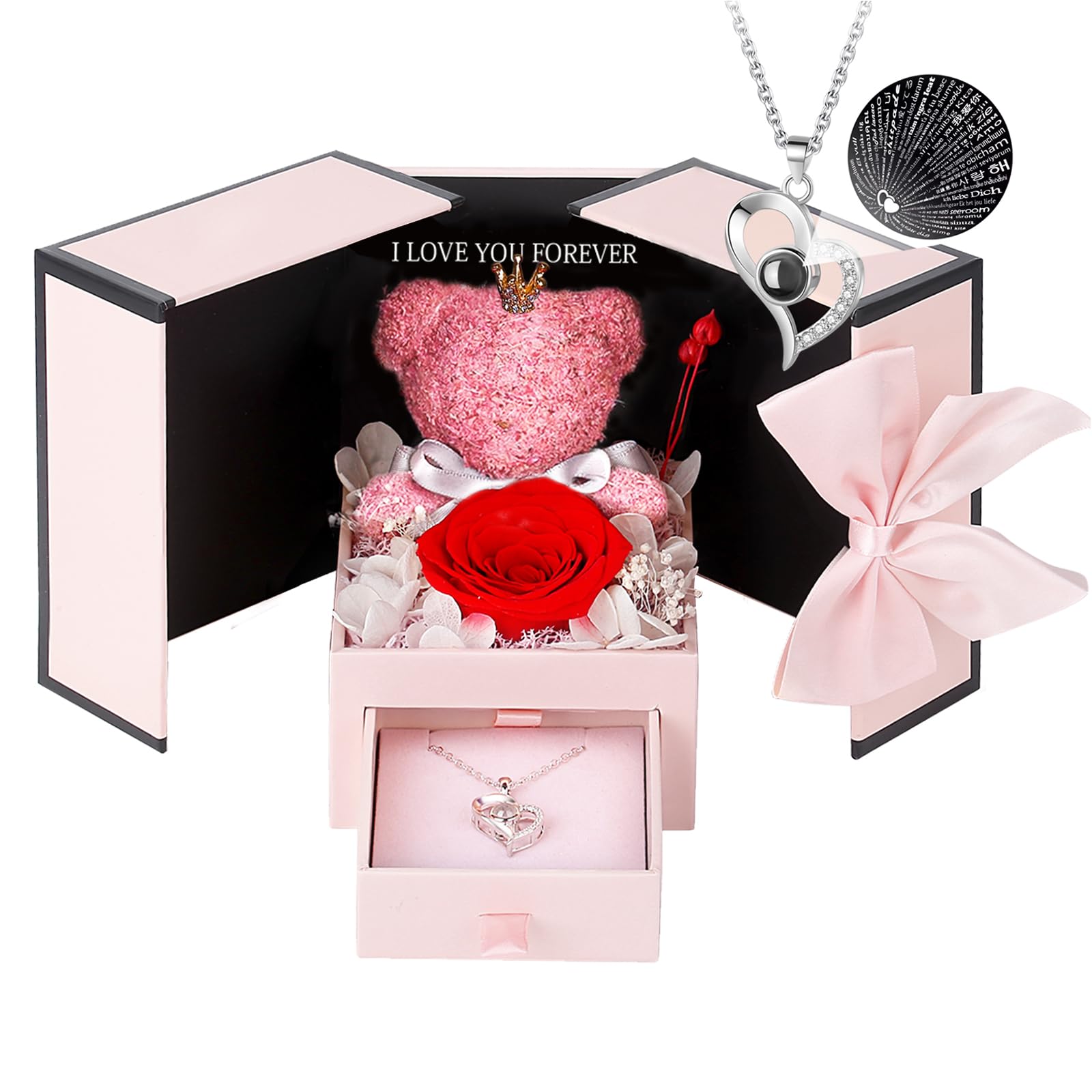 Preserved Moss Bear with Single Red Rose in Gift Box - Romantic Birthday Gift for Women, Mom, Wife, Girlfriend | Perfect for Anniversary, Valentine's Day, Mother's Day & Christmas | Home Decor & Sentimental Keepsake