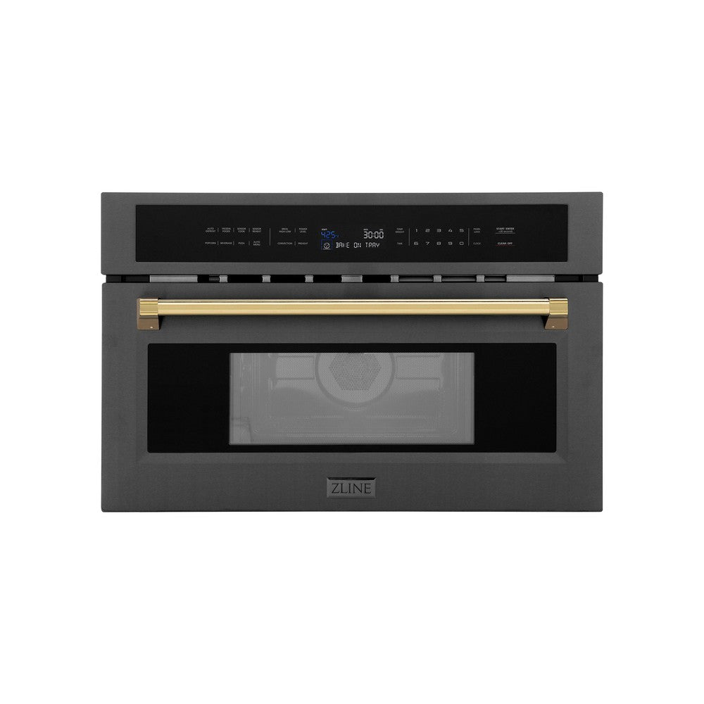 ZLINE Autograph Edition 30-Inch Built-In Convection Microwave Oven - 1.6 cu ft Capacity, Black Stainless Steel with Polished Gold Accents (MWOZ 30 BS G) - Perfect for Modern Kitchens & Gourmet Cooking