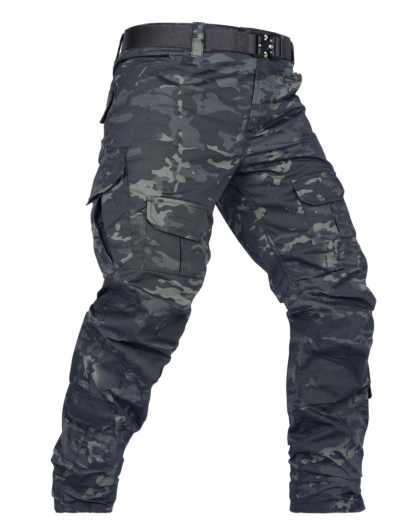 Men's Tactical Cargo Pants - Camo Ripstop Hiking & Work Pants with 10 Pockets (No Belt Needed) - Perfect for Outdoor Adventures, Military Duty & Everyday Wear