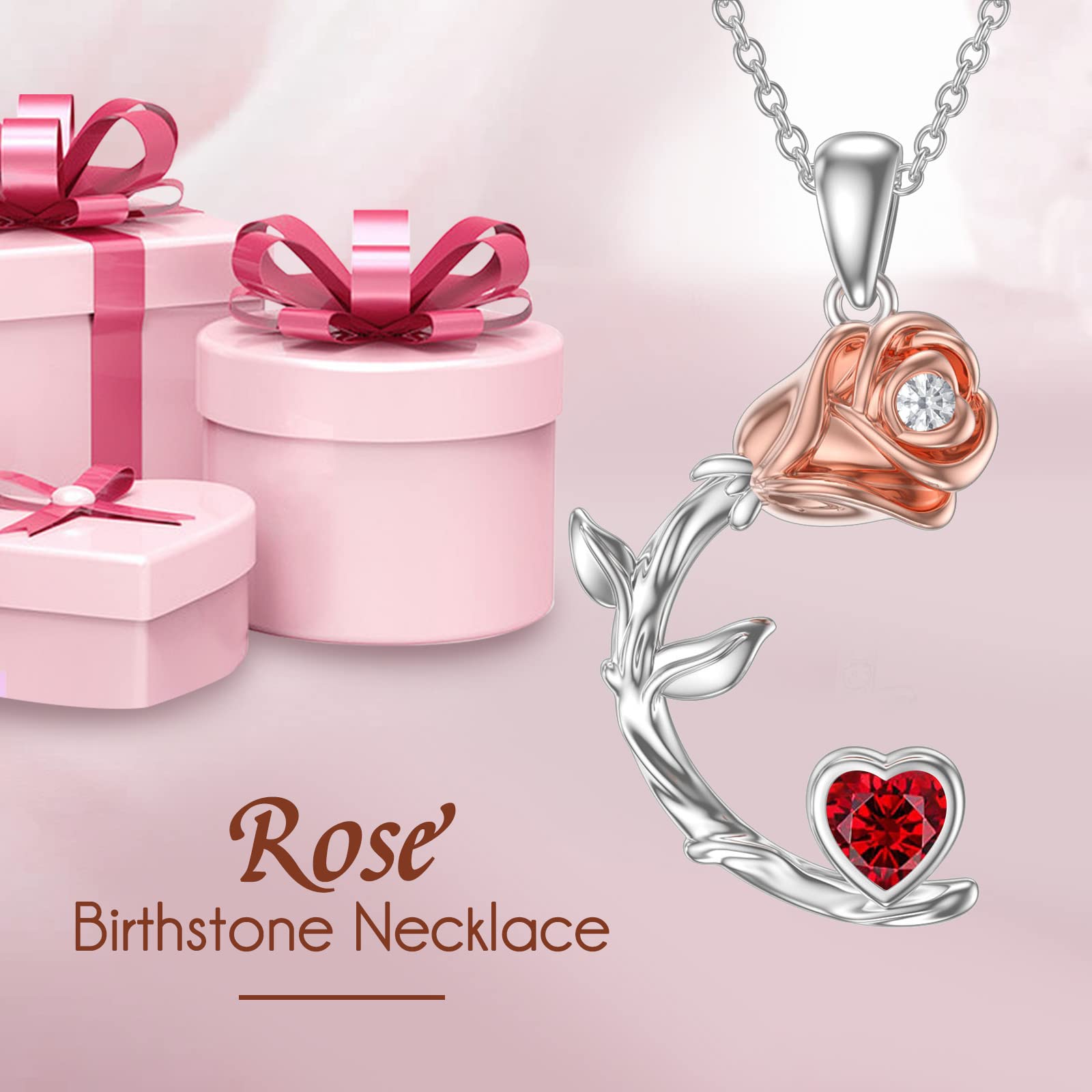 OCJ Rose Moon Necklace - 925 Sterling Silver Rose Pendant with Heart Birthstone, Elegant Jewelry for Women | Perfect Birthday, Christmas & Anniversary Gift for Her, Wife or Girlfriend | Ideal for Date Nights, Weddings & Special Occasions