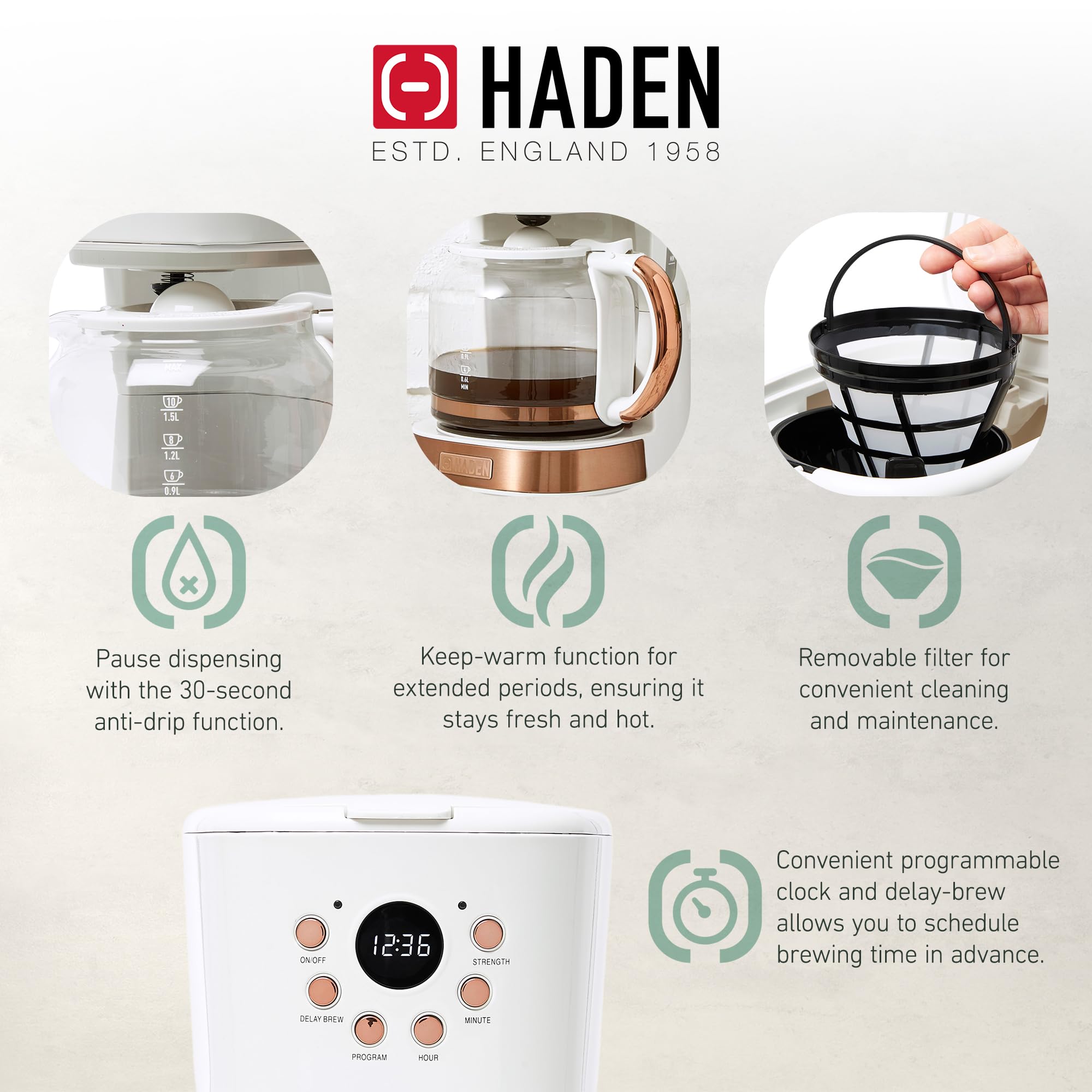 Haden 12 Cup Programmable Drip Coffee Maker with Auto Shut-Off & Reusable Filter - Ivory & Copper Coffee Machine for Home, Office & Kitchen Use