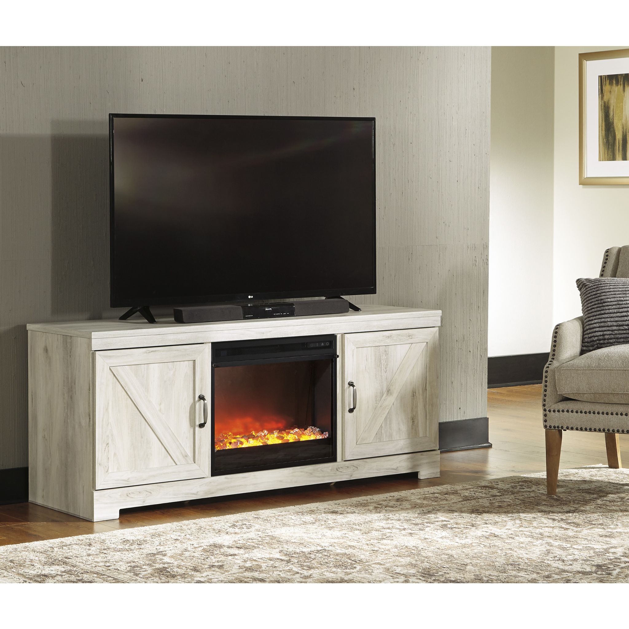 Bellaby Entertainment Unit with Fireplace - White Wash TV Stand with Electric Fireplace, Modern Media Console for Living Room, Bedroom & Home Theater Setup