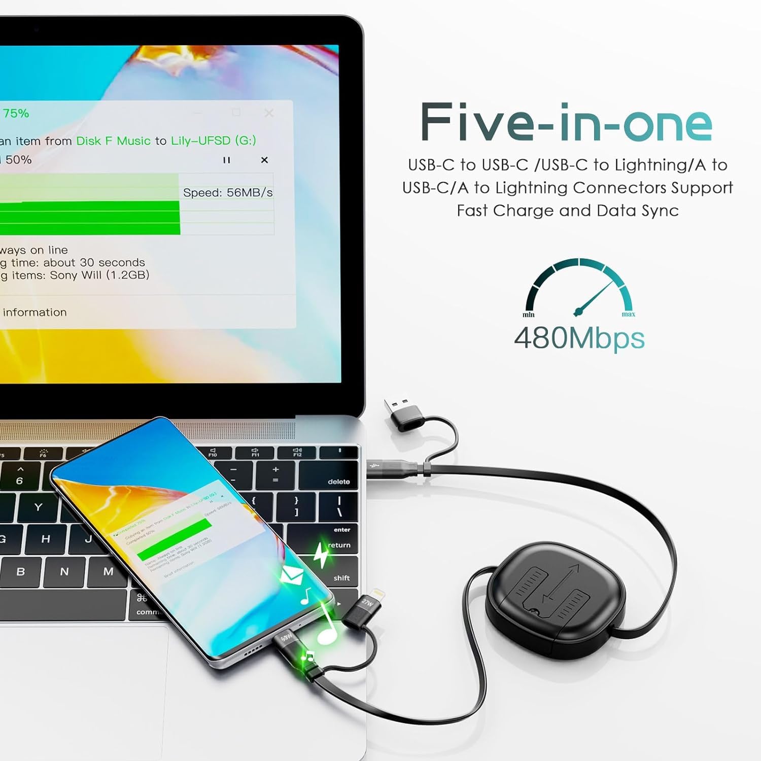 5-in-1 Multi Charging Cable 60W Fast Charger with Retractable Design - USB C to Lightning/USB A Cable for iPhone 15/14/13, iPad, Samsung Galaxy, PS5, Tablets - Perfect for Travel, Home & Office Use