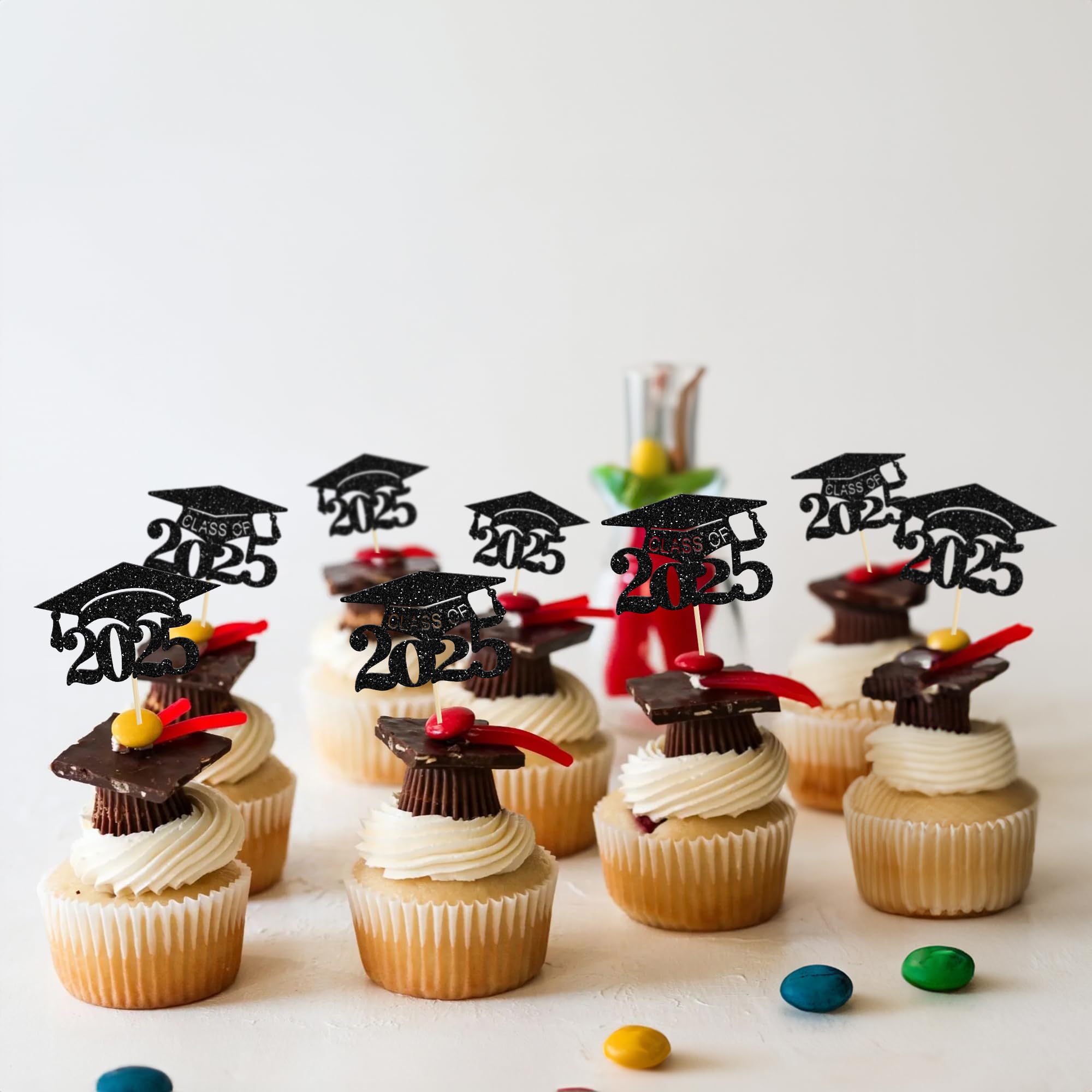 24Pcs Black Glitter Graduation Cap Cupcake Toppers 2025 - Graduation Cake Decorations for 2025 Graduation Party Supplies | Perfect for Graduation Theme Cakes, Cupcakes, and Dessert Tables