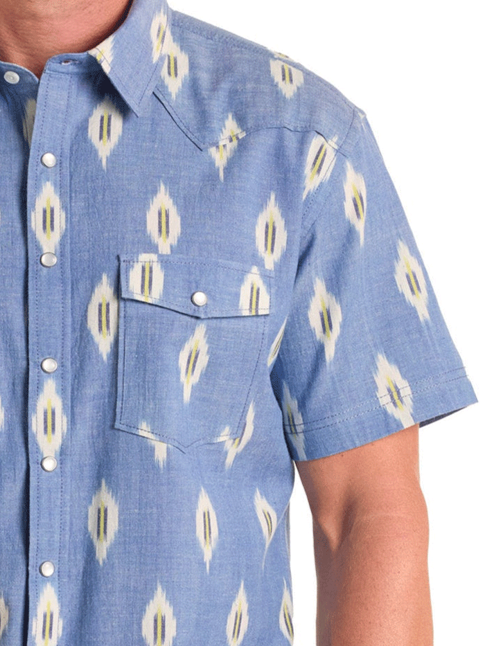 Men's Light Blue Ikat Print Short Sleeve Snap Button Shirt - Casual Summer Wear for Beach, Vacation & Outdoor Activities
