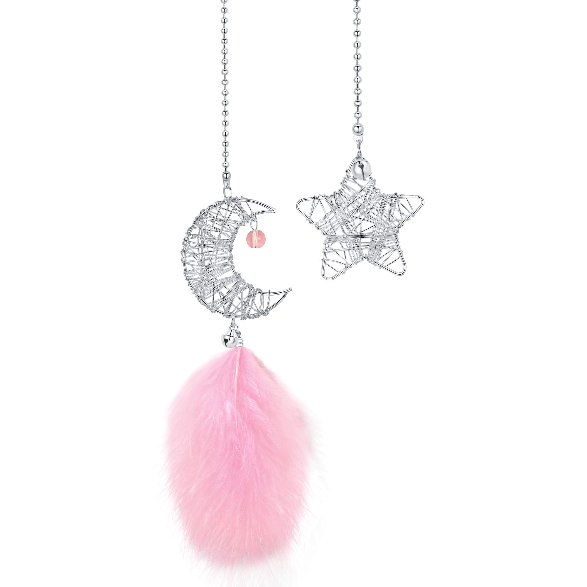 2 Pcs Bohemian Dream Catcher Car Hanging Decor - Crescent Moon & Star with Pink Feathers, Rearview Mirror Ornament for Car, Home, Bedroom, Office - Boho Chic Style for Relaxation & Positive Vibes