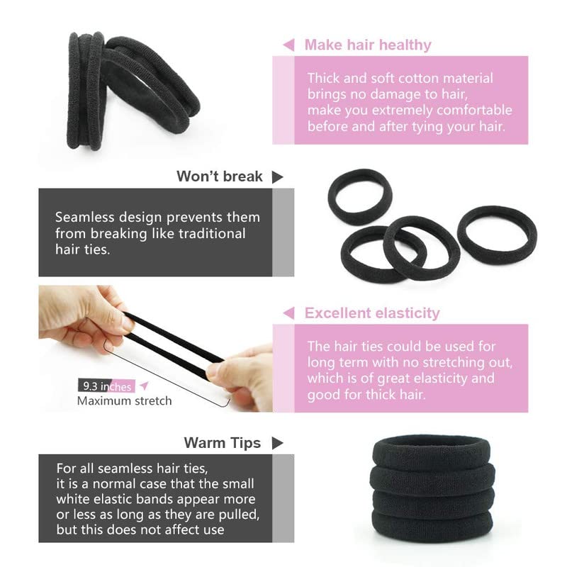 CHRONEX 12 Pack Black Hair Rubber Bands - Stretchy Elastic Cotton Hair Ties for Women & Girls - Perfect for Ponytails, Braids, and Everyday Hairstyles
