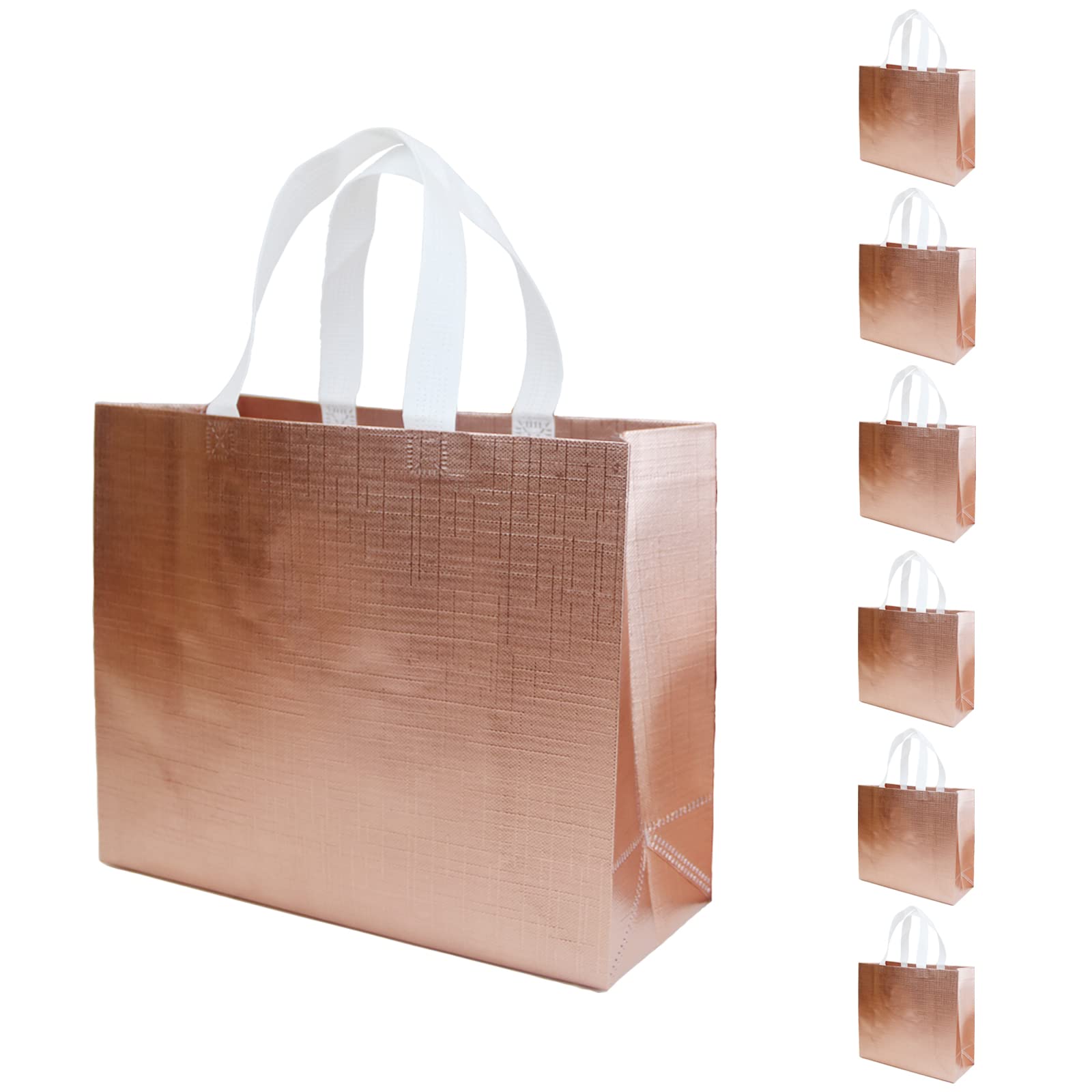 6 Pack Rose Gold Glossy Reusable Non-Woven Gift Bags - 13x5x11 Inch Large Wedding Bridesmaid Bachelorette Party Favor Bags for Birthday, Christmas & Special Occasions - Elegant Gift Packaging for Women's Events