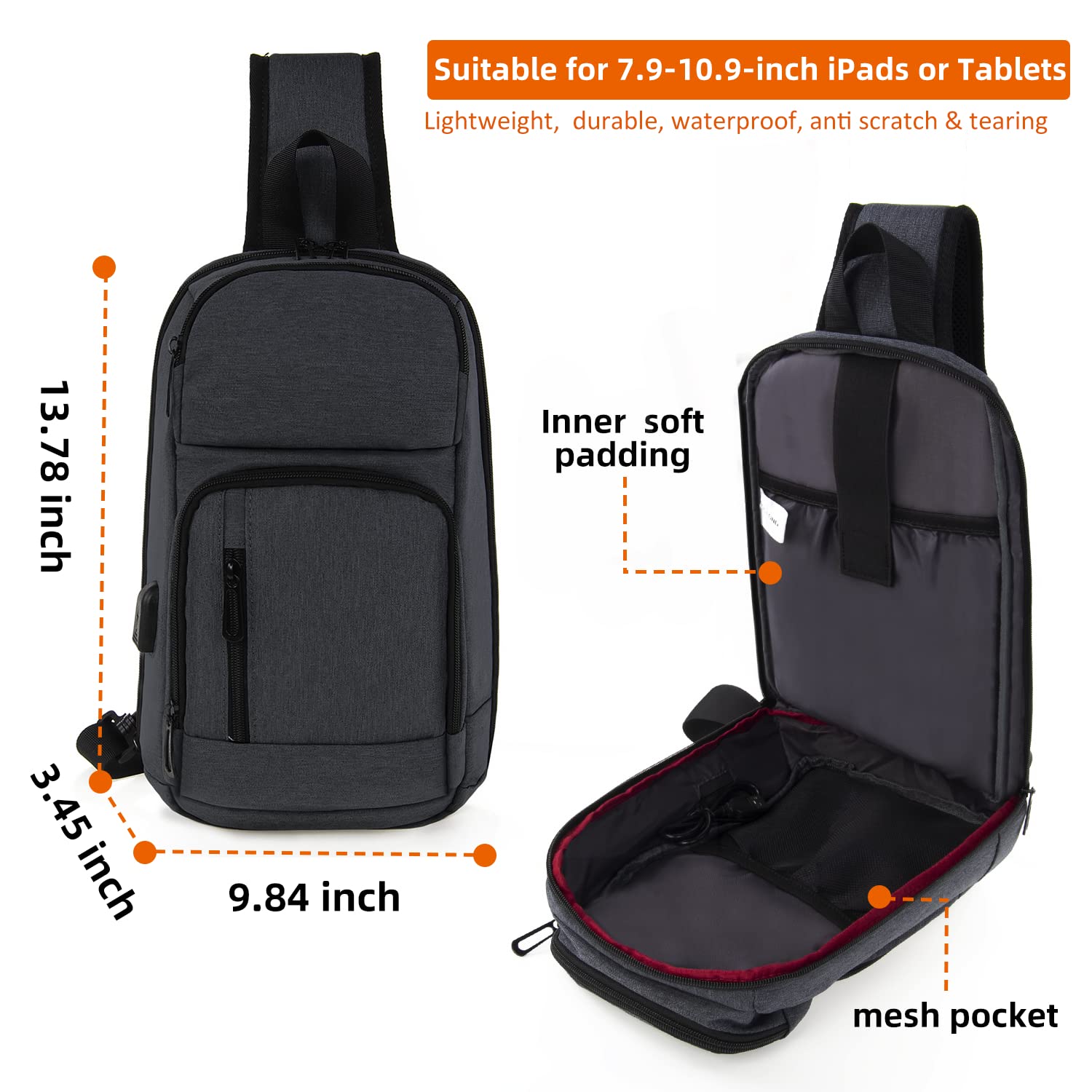 KINGSLONG 14-16 Inch Men's Sling Bag with USB Charging Port - Waterproof Crossbody Bag Fits 10.2 Inch iPad, Travel & Commuter Daypack for Work, Gym, Hiking & Outdoor Activities