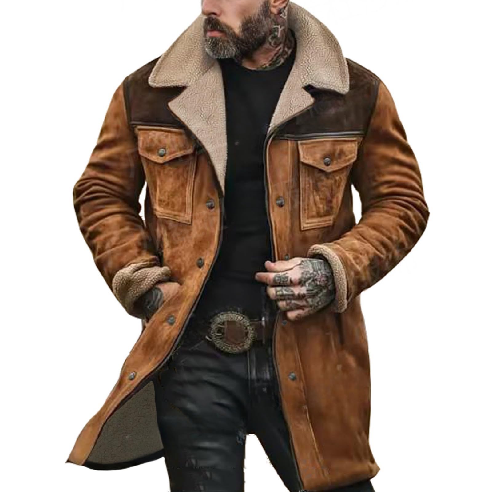 Vintage Suede Pocket Plush Reversible Collar Men's Outdoor Jacket - Western Windbreaker Coat for Hiking, Camping & Casual Wear