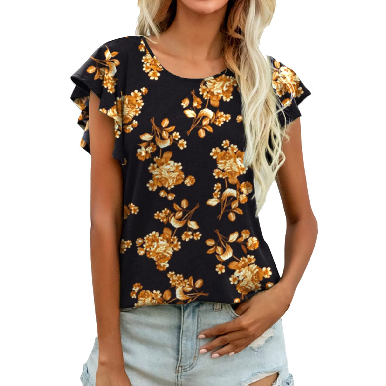 Women's Ruffle Sleeve Summer Blouse - Soft Crew Neck Flowy Tunic Top for Casual Wear | Comfortable Pullover Tee for Beach, Office & Date Night Outfits