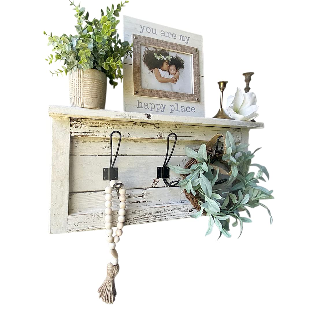 Farmhouse Shelf with Hooks - Rustic Entryway Organizer, Wall Mounted Key Holder & Coat Rack - White Wooden Shelf for Home Decor (Perfect for Entryway, Mudroom, or Kitchen Organization)