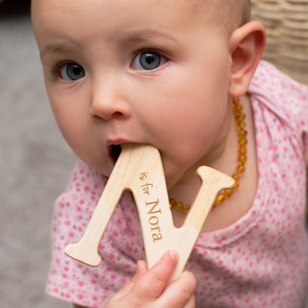 Organic Wooden Teethers for Babies - Natural & Safe Teething Toys for Infants - Smiling Tree's Letter Wood Teethers - Perfect for Soothing Sore Gums & Early Learning Play