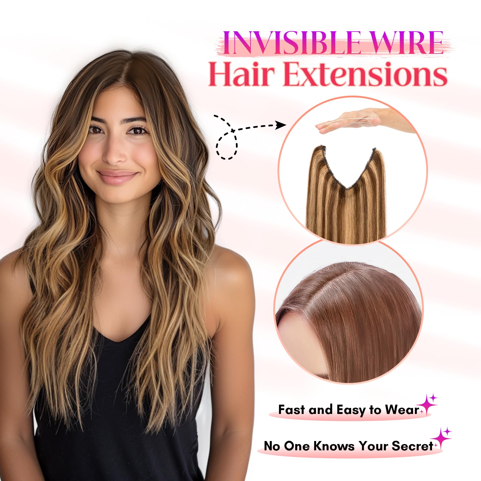 Rich Choices 20 Inch Halo Hair Extensions - 100% Real Human Remy Hair, Invisible Wire, Medium Brown with Dark Blonde Highlights for Women | Perfect for Weddings, Parties & Daily Styling