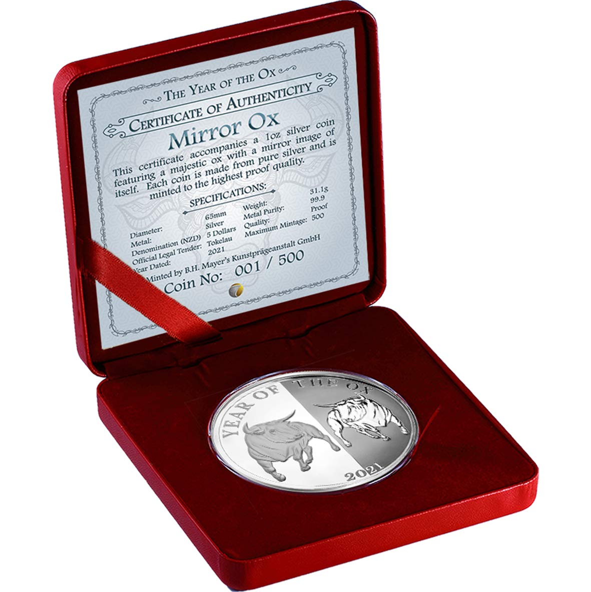 2021 TK Year of the Ox 1 oz Silver Proof Coin - 65mm Bullion, $5 Face Value, BU Condition | Perfect for Collectors, Investors & Chinese New Year Gifts