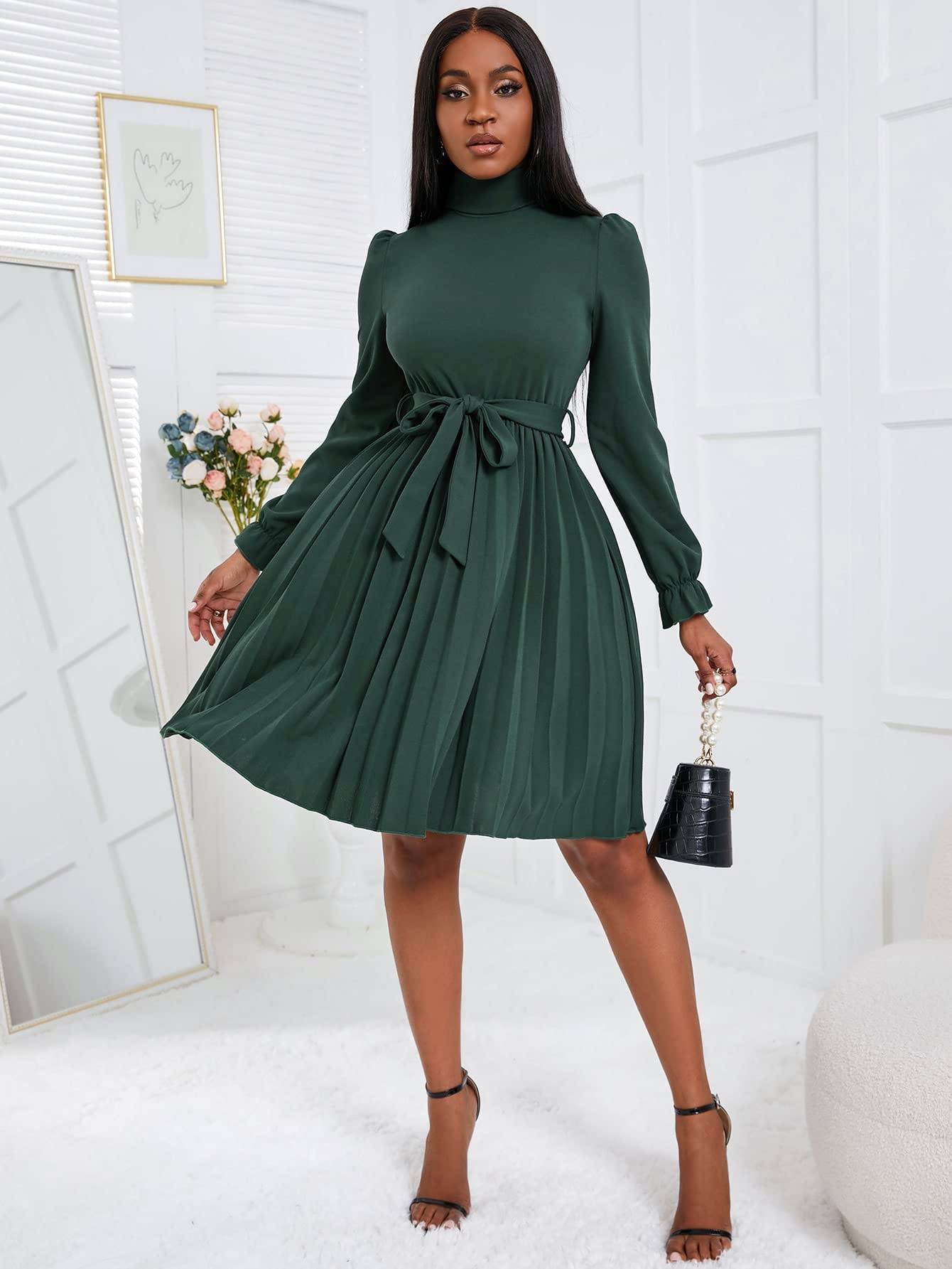 Stylish Women's Turtleneck Flounce Sleeve Pleated Hem Belted Dress - Dark Green, Size Large | Perfect for Office Wear, Date Nights & Holiday Parties