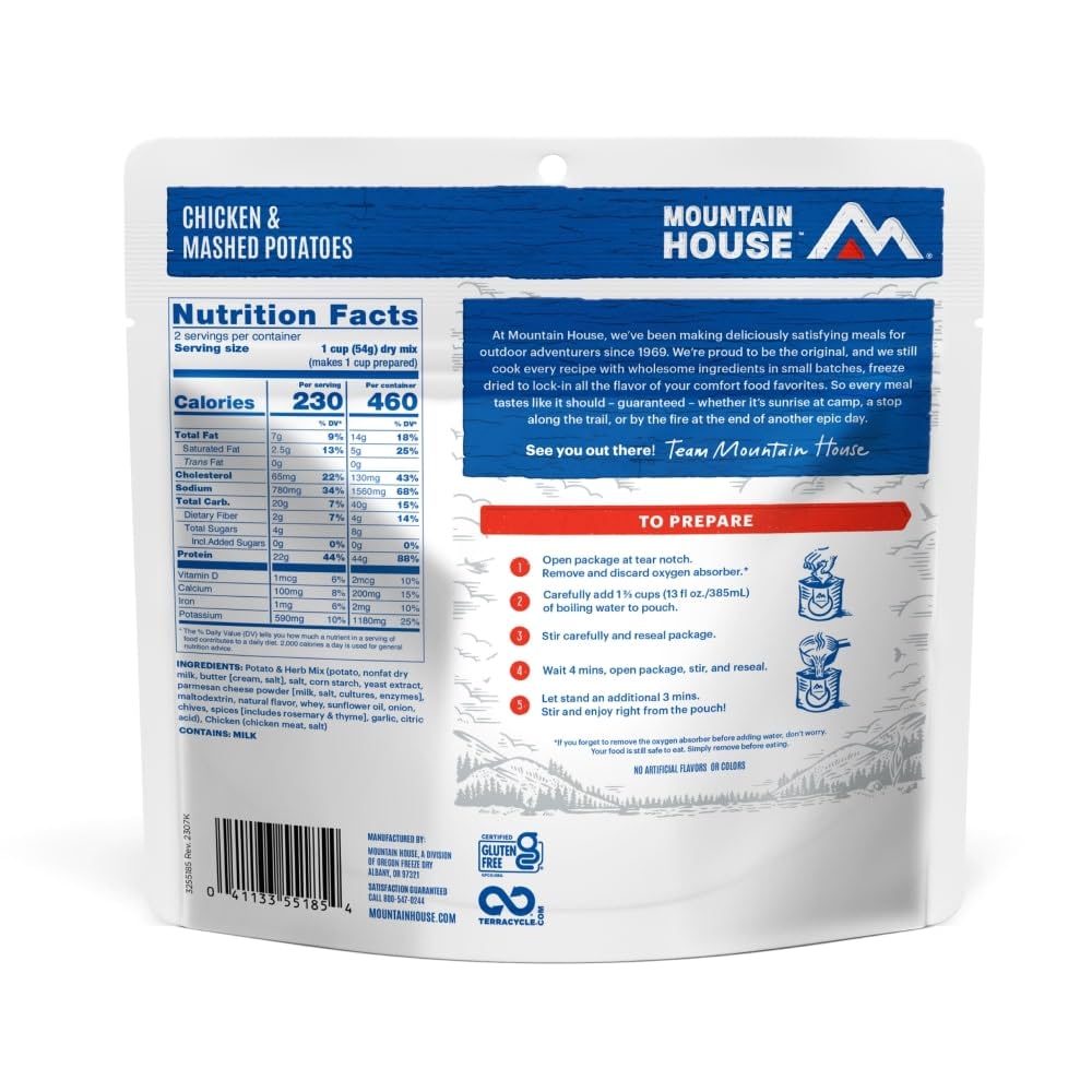 Mountain House Freeze Dried Chicken & Mashed Potatoes - Gluten-Free Backpacking & Camping Food (2 Servings) | Lightweight Emergency Meal for Hiking, Travel & Outdoor Adventures