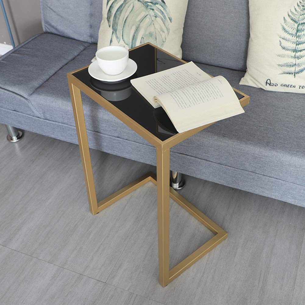 25in Sofa Side Table Snack Table - C-Shaped End Table with Tempered Glass Top, Sturdy Wrought Iron Frame - Portable Laptop Desk for Living Room, Bedroom, Office & Dorm - Perfect for Snacking, Reading & Working from Home