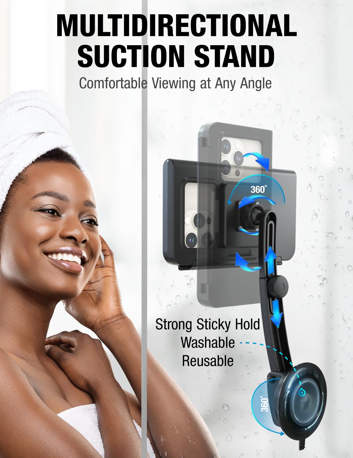 Waterproof Shower Phone Holder - Adjustable, Rotatable, Reusable Suction Cup Stand for iPhone, Samsung & 4-7