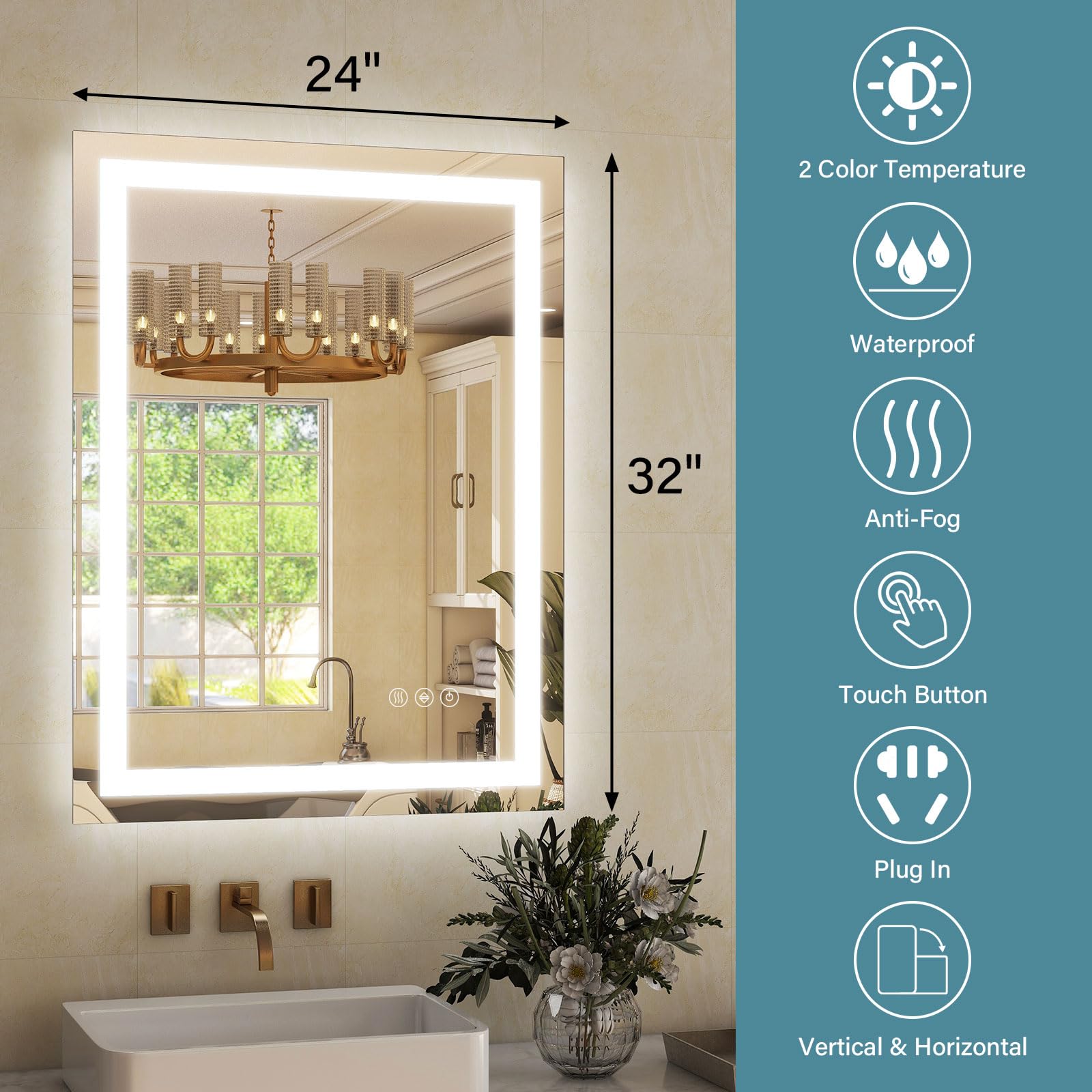 GLSLAND 24x32 Inch LED Bathroom Mirror with Anti-Fog, Dimmable Warm & Cool Light, Horizontal/Vertical Mounting - Perfect for Vanity, Makeup, and Modern Bathroom Decor