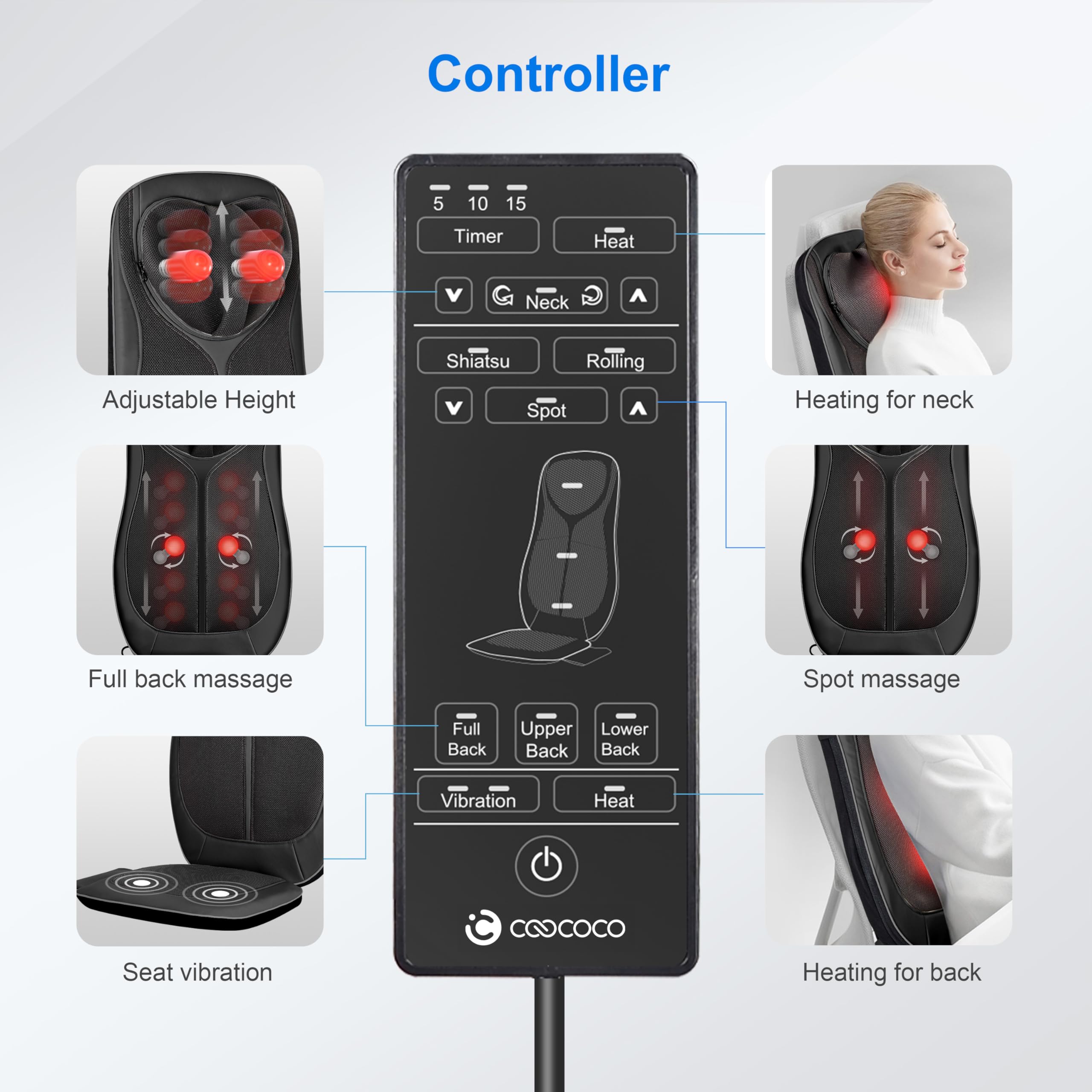 CooCoCo Shiatsu Neck & Back Massager with Heat - Adjustable Kneading Massage Chair Pad for Full Body Relaxation - Perfect Gift for Men & Women - Ideal for Office, Home & Car Use to Relieve Muscle Pain & Stress