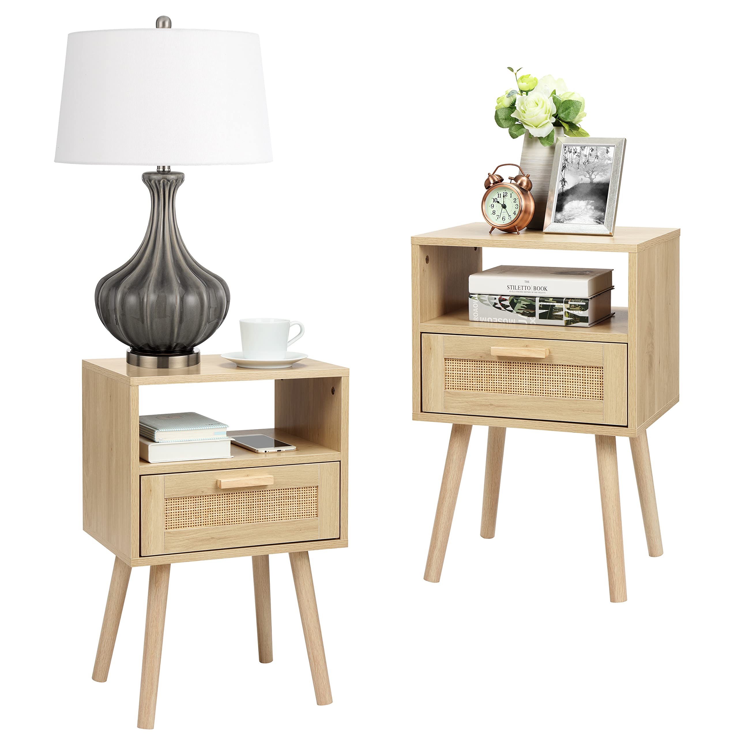 Finnhomy Nightstand Set of 2 - Handmade Rattan Decorated Drawer Side Tables with Wood Accent & Storage for Bedroom, Living Room - Natural End Tables for Small Spaces & Apartment Decor