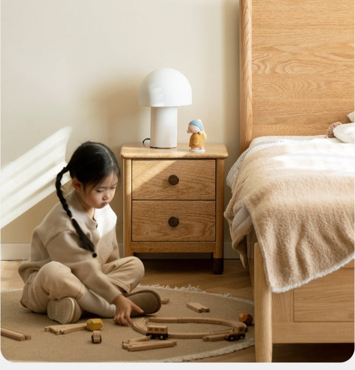 Solid Oak Wood Nightstand with Two Drawers - Bedside Table for Bedroom, Living Room, or Office Storage