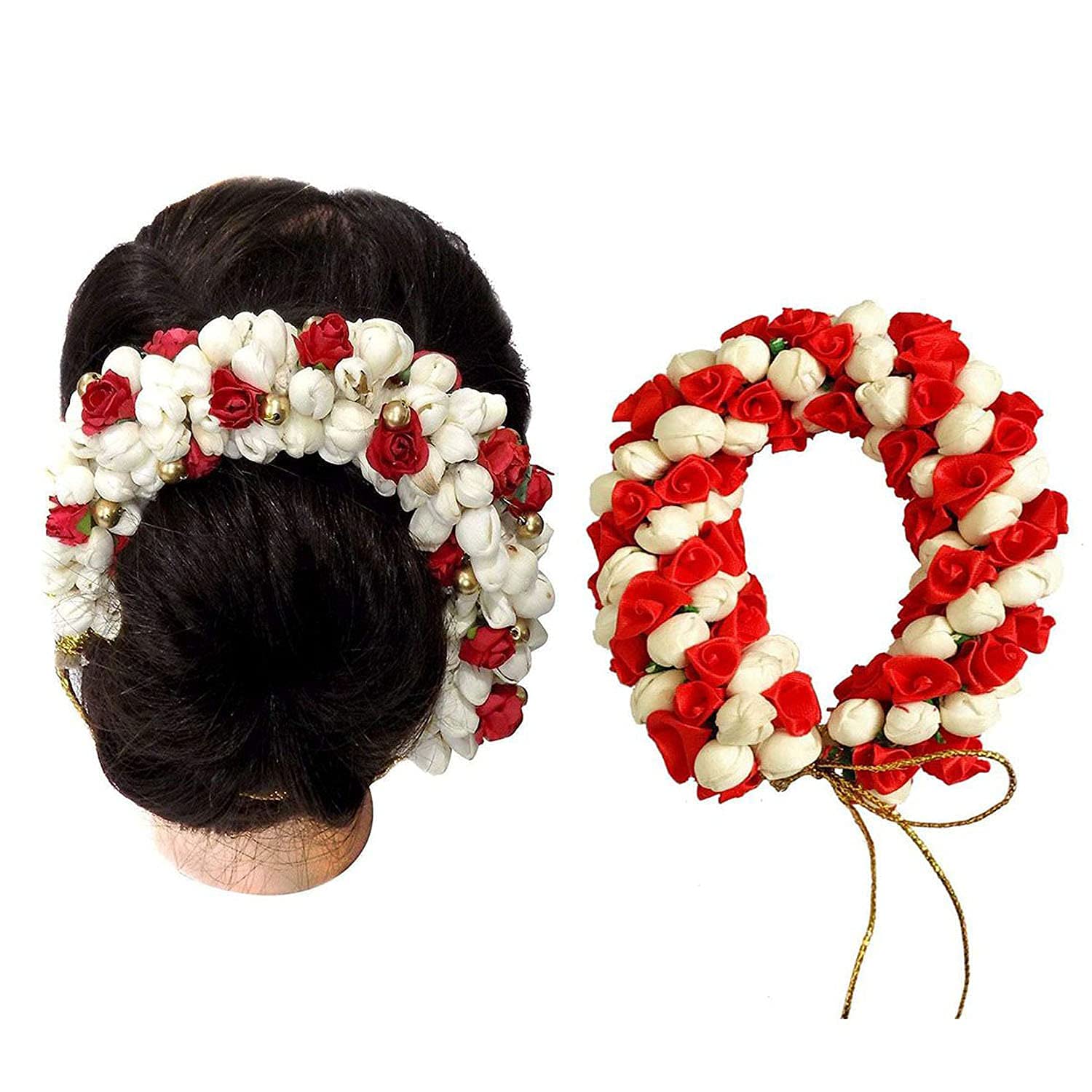 GadinFashion™ Mogra Flower Hair Gajra for Girls - Traditional Indian Hair Accessories (Pack of 2, Red) - Perfect for Weddings, Festivals & Cultural Events