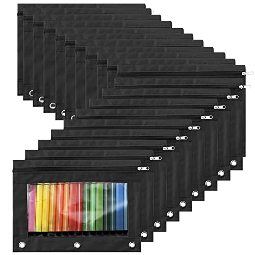 Marspark 48-Pack 3-Ring Zipper Pencil Pouch with Clear Window for Binders - School & Office Supplies (Black)
