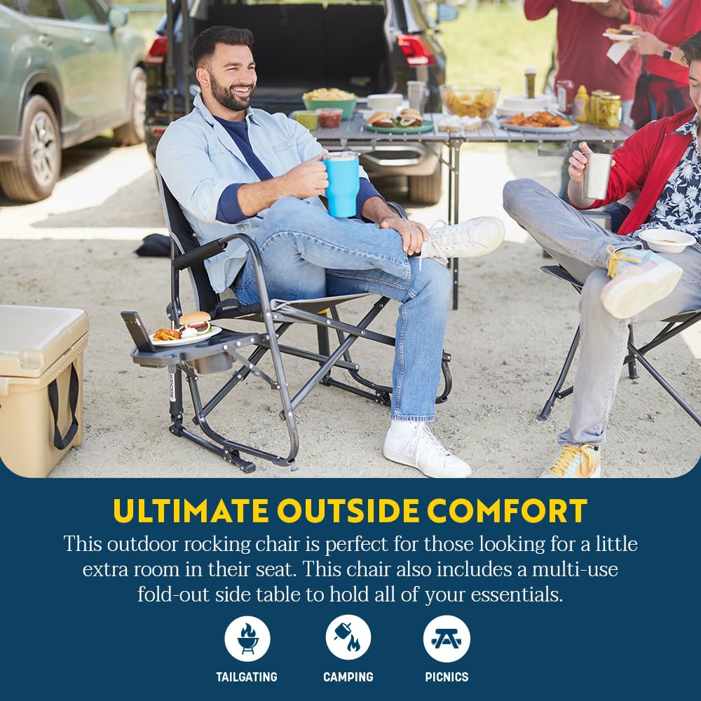 GCI OUTDOOR Freestyle Rocker XL Folding Camping Chair with Side Table | Portable Rocking Chair for Outdoor, Patio, Beach & Backyard | Heavy-Duty Frame, Comfortable Backrest, Armrests & Cup Holder (Red)